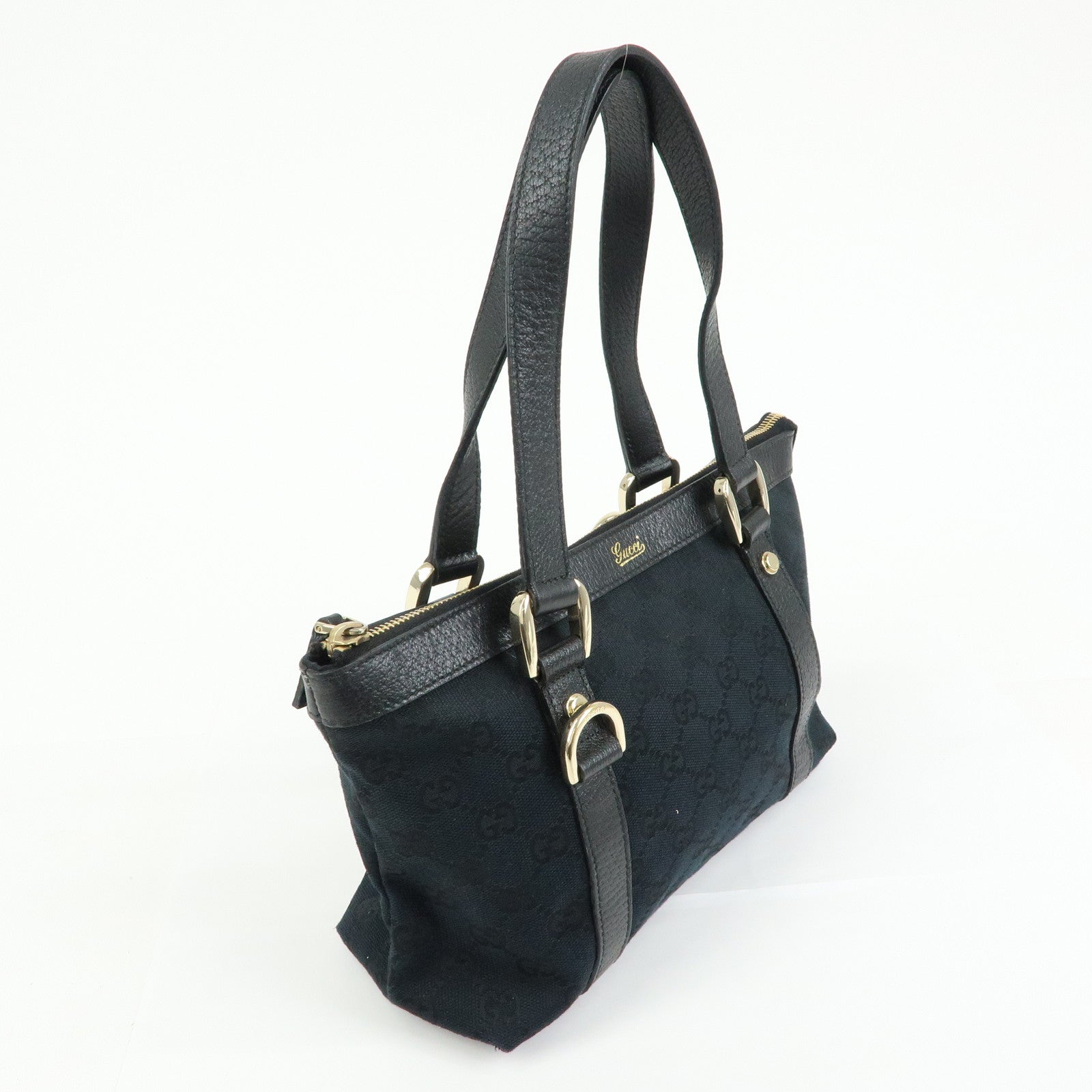 GUCCI Abbey GG Canvas Leather Tote Bag Hand Bag Black 141471