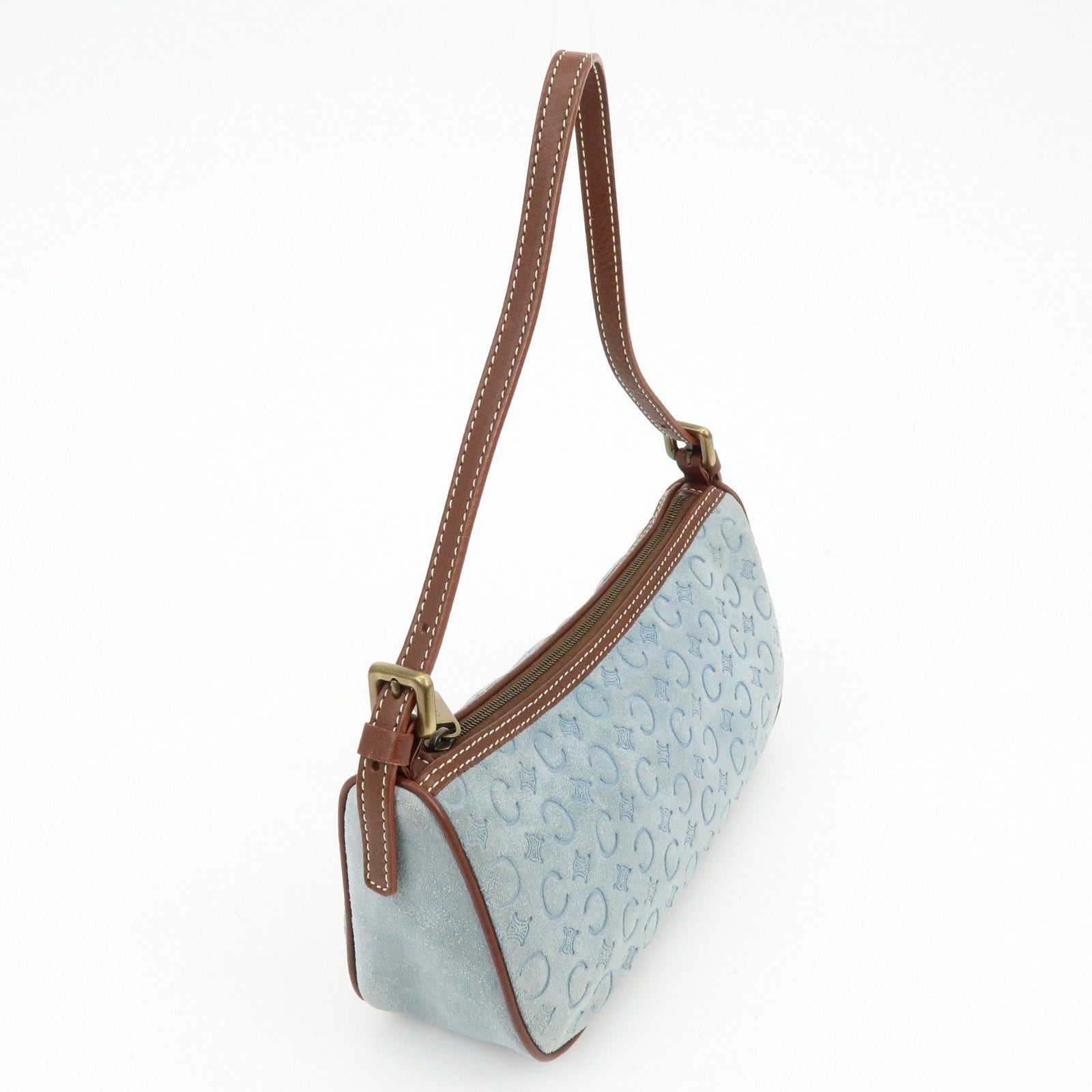 CELINE C Macadam Suede Leather Shoulder Bag Hand Bag Light Blue