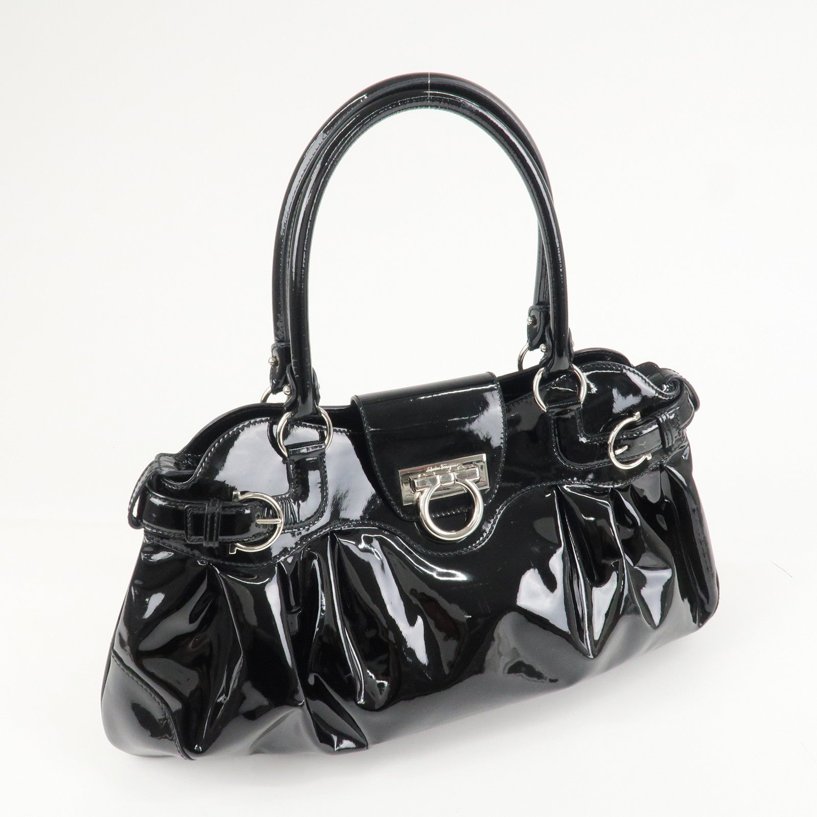 Ferragamo Gancini Patent Leather Shoulder Bag Black Silver HDW Used