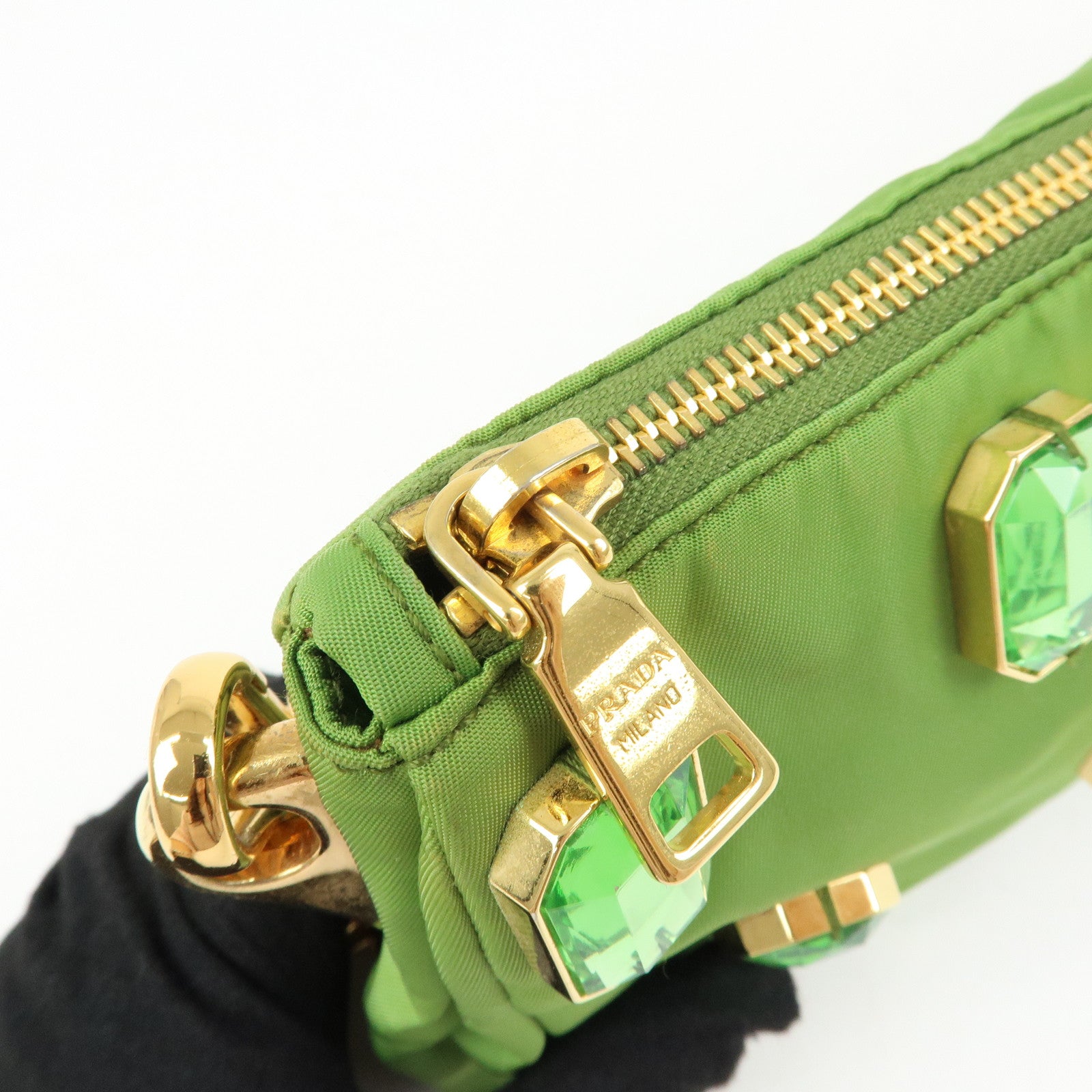 PRADA Bijou Nylon Stone Chain Shoulder Bag Clutch Bag Green