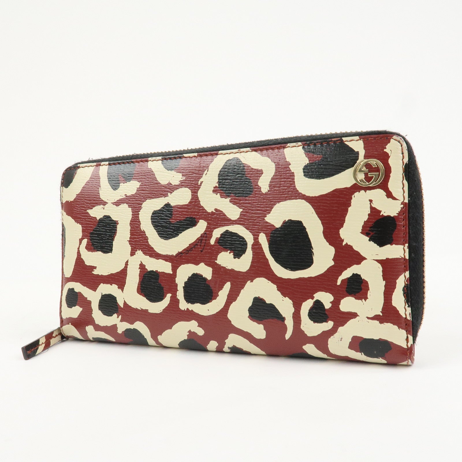 GUCCI Interlocking G Leather Leopard Round Zippy Long Wallet 309705