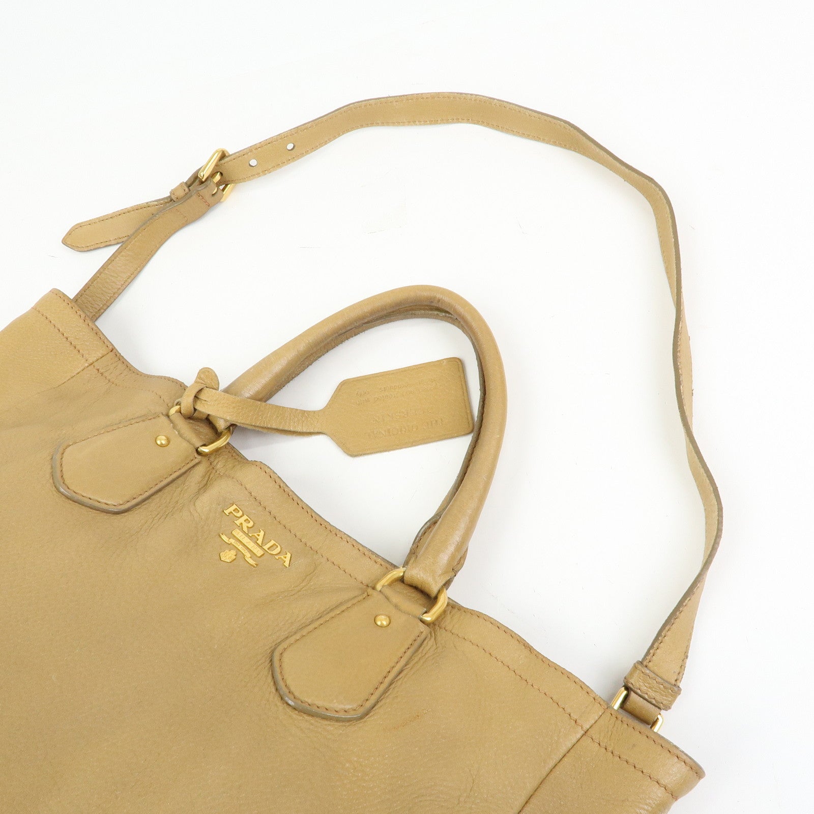 PRADA Calf Leather 2Way Bag Hand Bag Shoulder Bag Beige