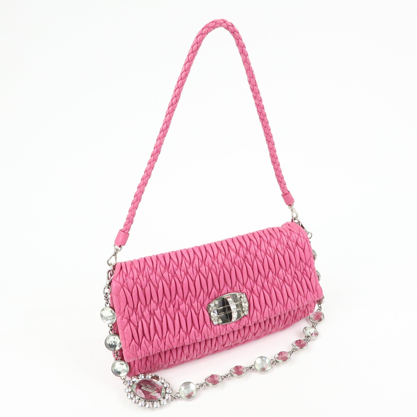 MIU MIU Matelasse Nappa Leather Rhinestone 2Way Bag Pink RP0169