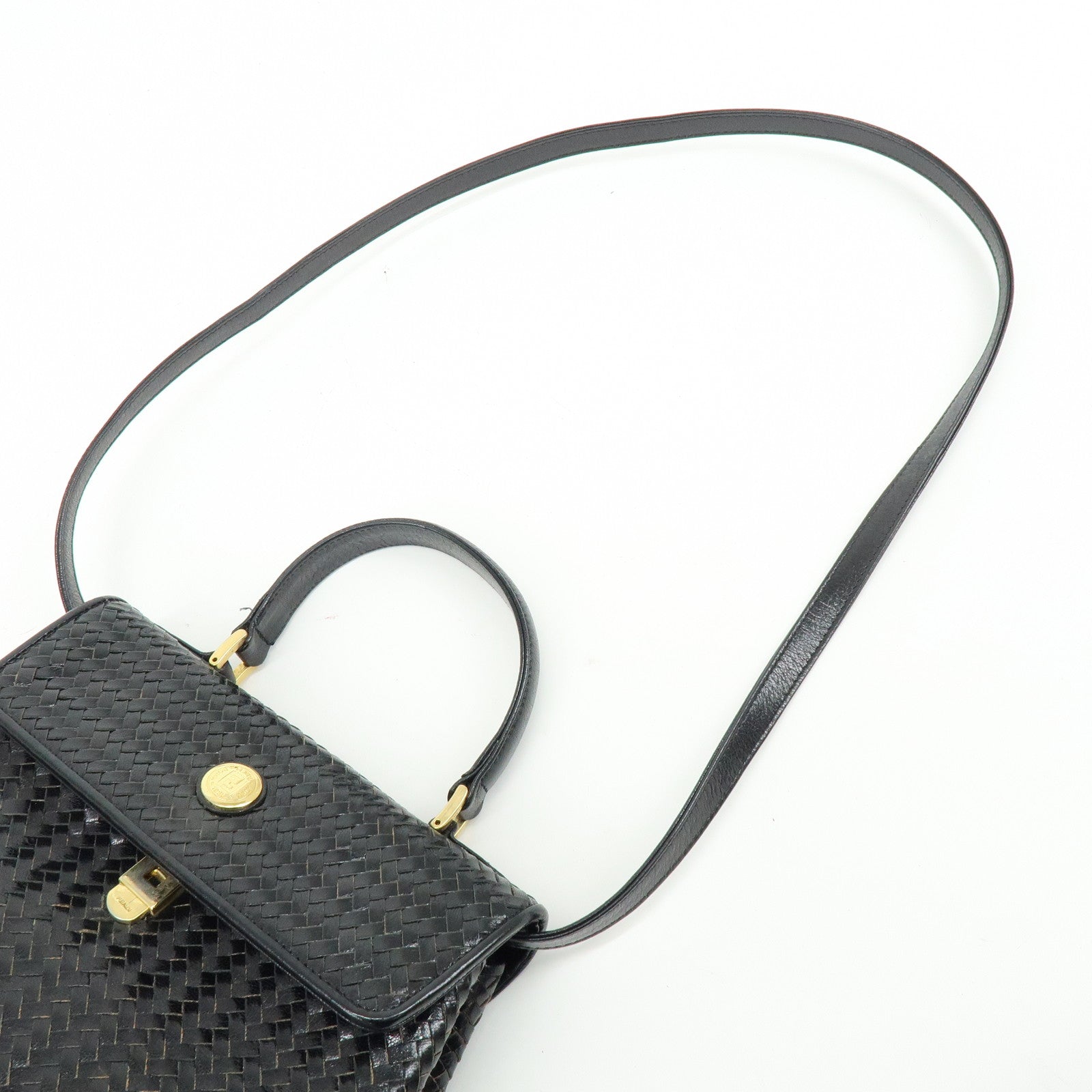 FENDI Leather 2Way Bag Hand Bag Shoulder Bag Black c-13742-2