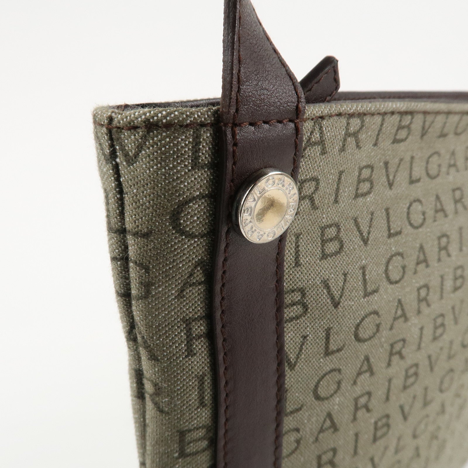 BVLGARI Logo Mania Leather Canvas Shoulder Bag Khaki Dark Brown Used