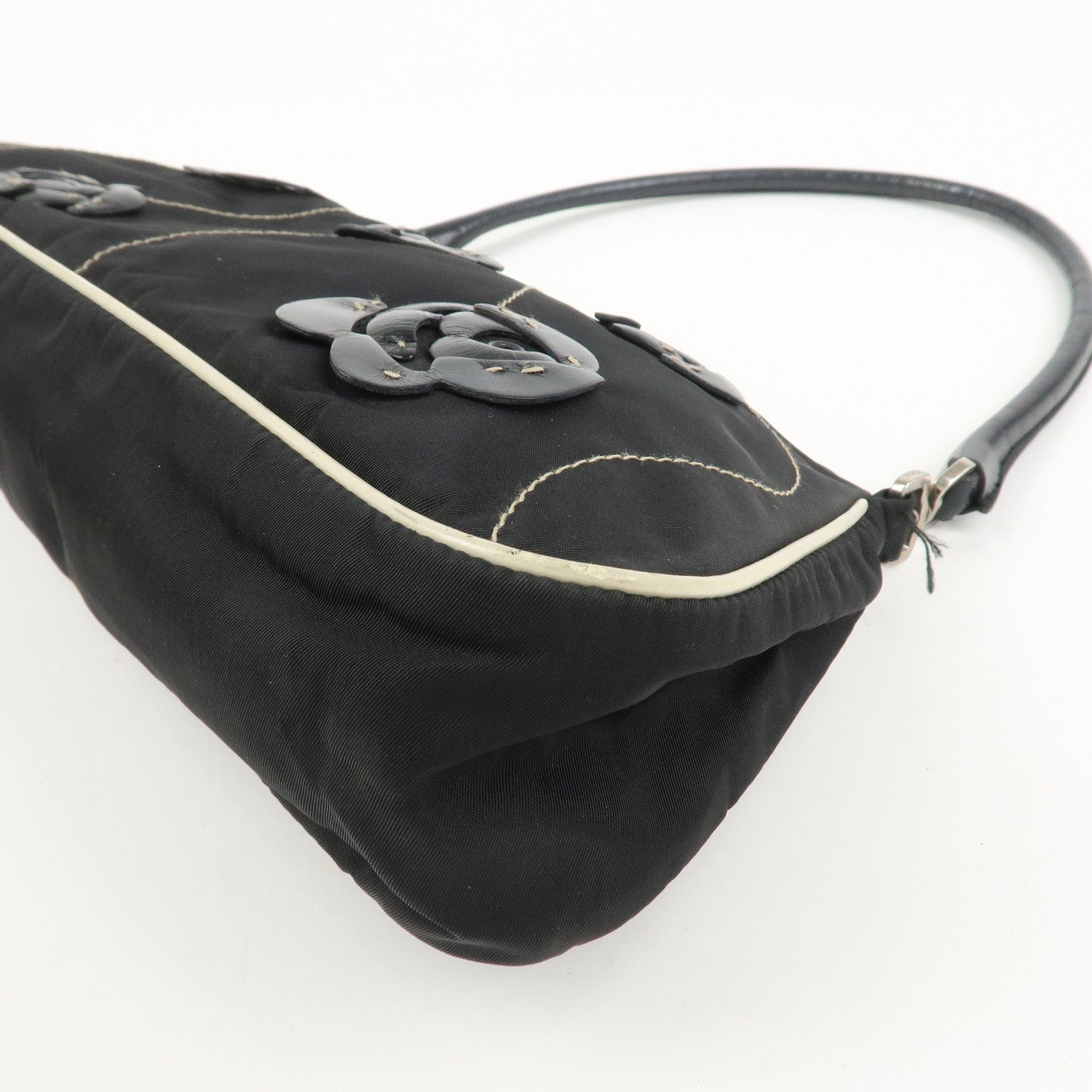 PRADA Nylon Leather Shoulder Bag Hand Bag Flower Motif Black