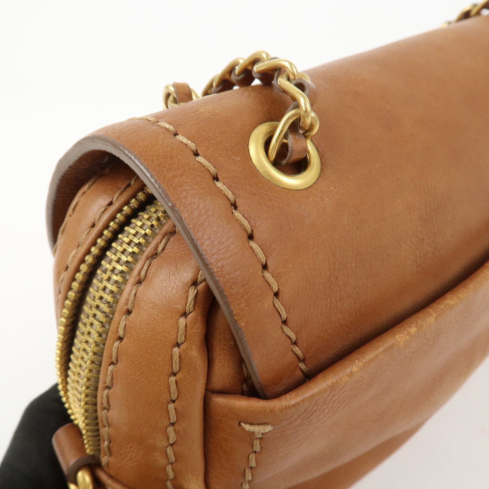 PRADA Logo Leather Chain Shoulder Bag Crossbody Bag Camel