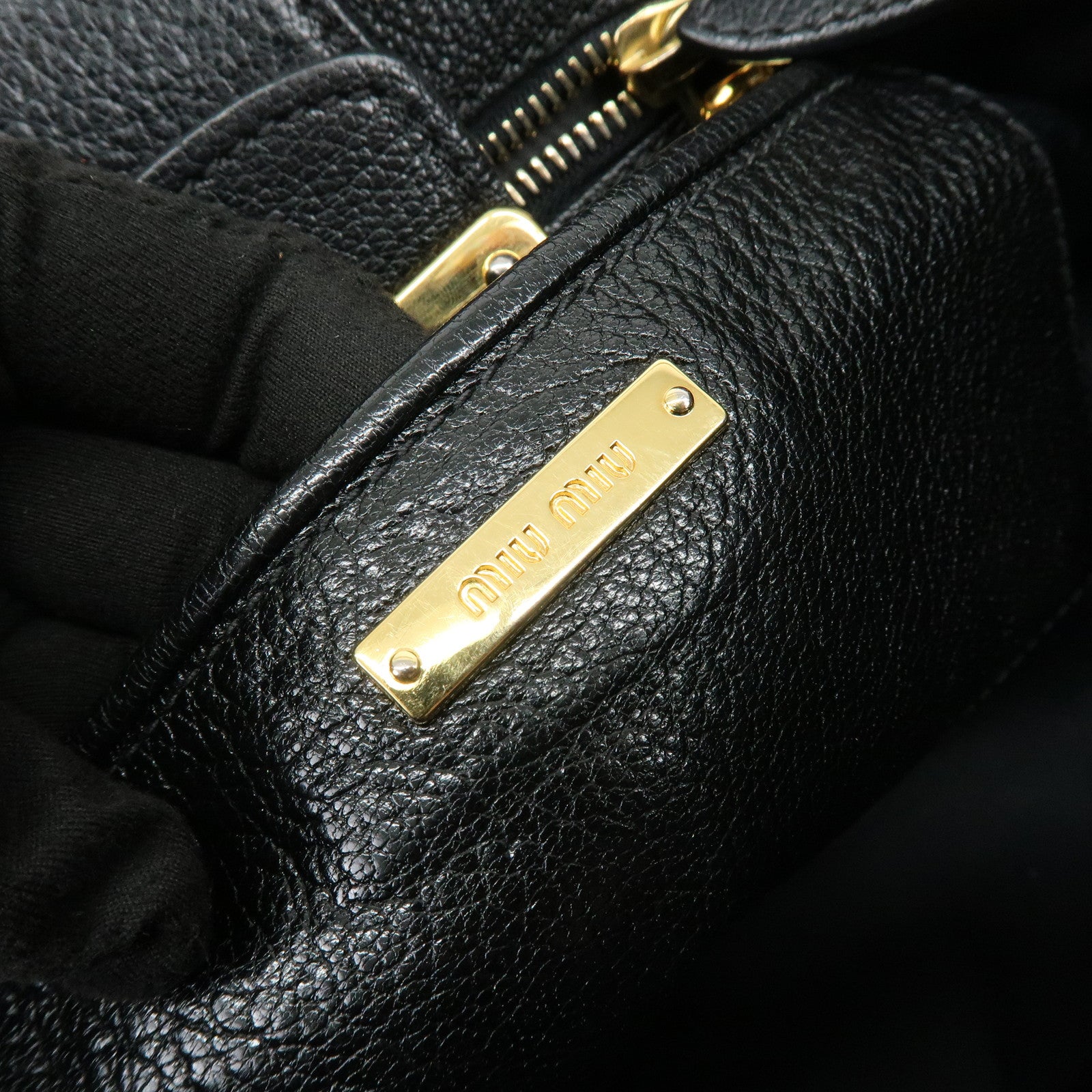 MIU MIU Logo Madras Leather Hand Bag Tote Bag Black