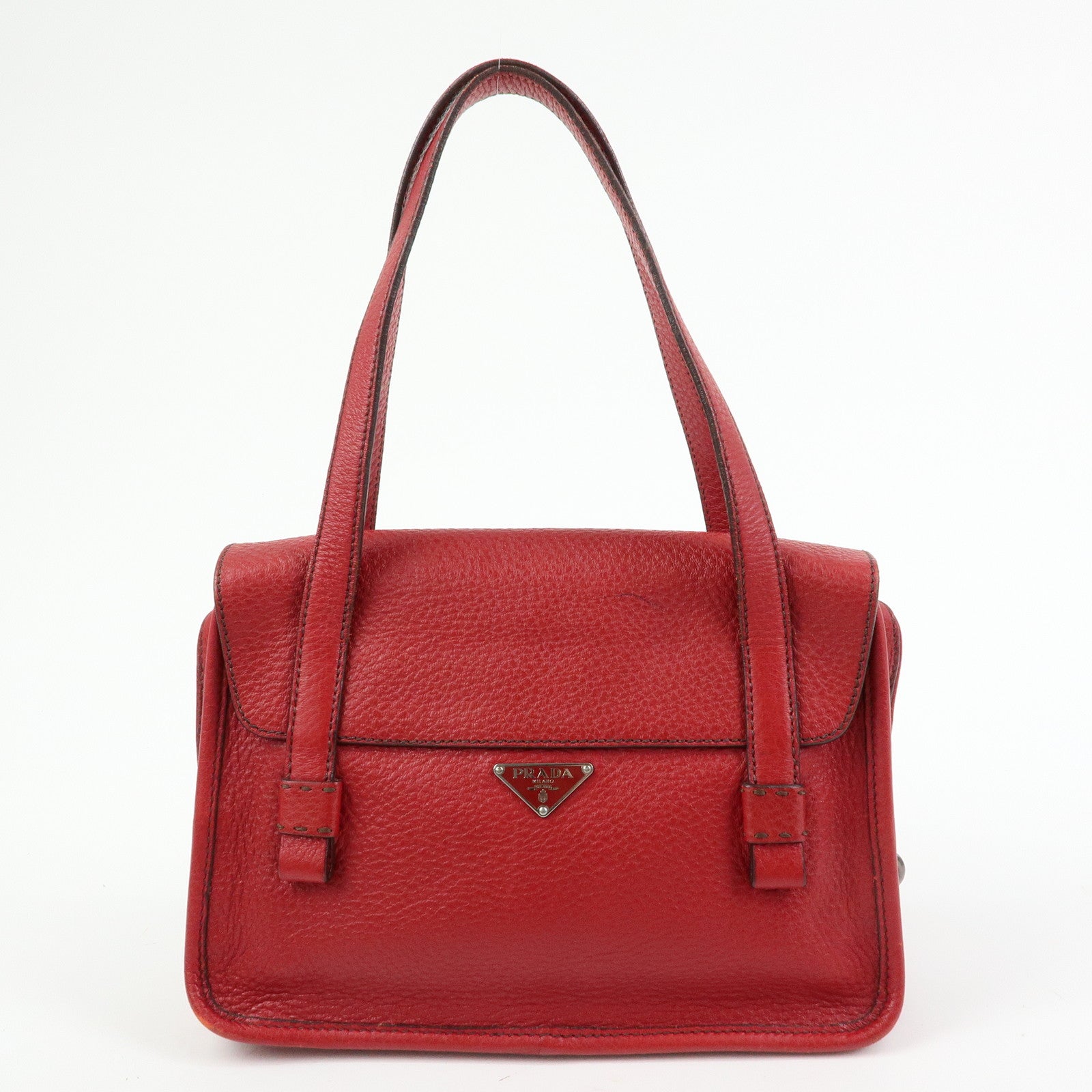 PRADA Triangle Logo Leather Shoulder Bag Satchel Bag Hand Bag Red
