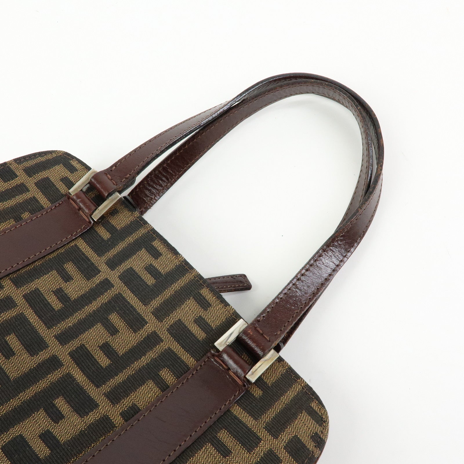 FENDI Zucca Jacquard Canvas Leather Top Handle Hand Bag Brown