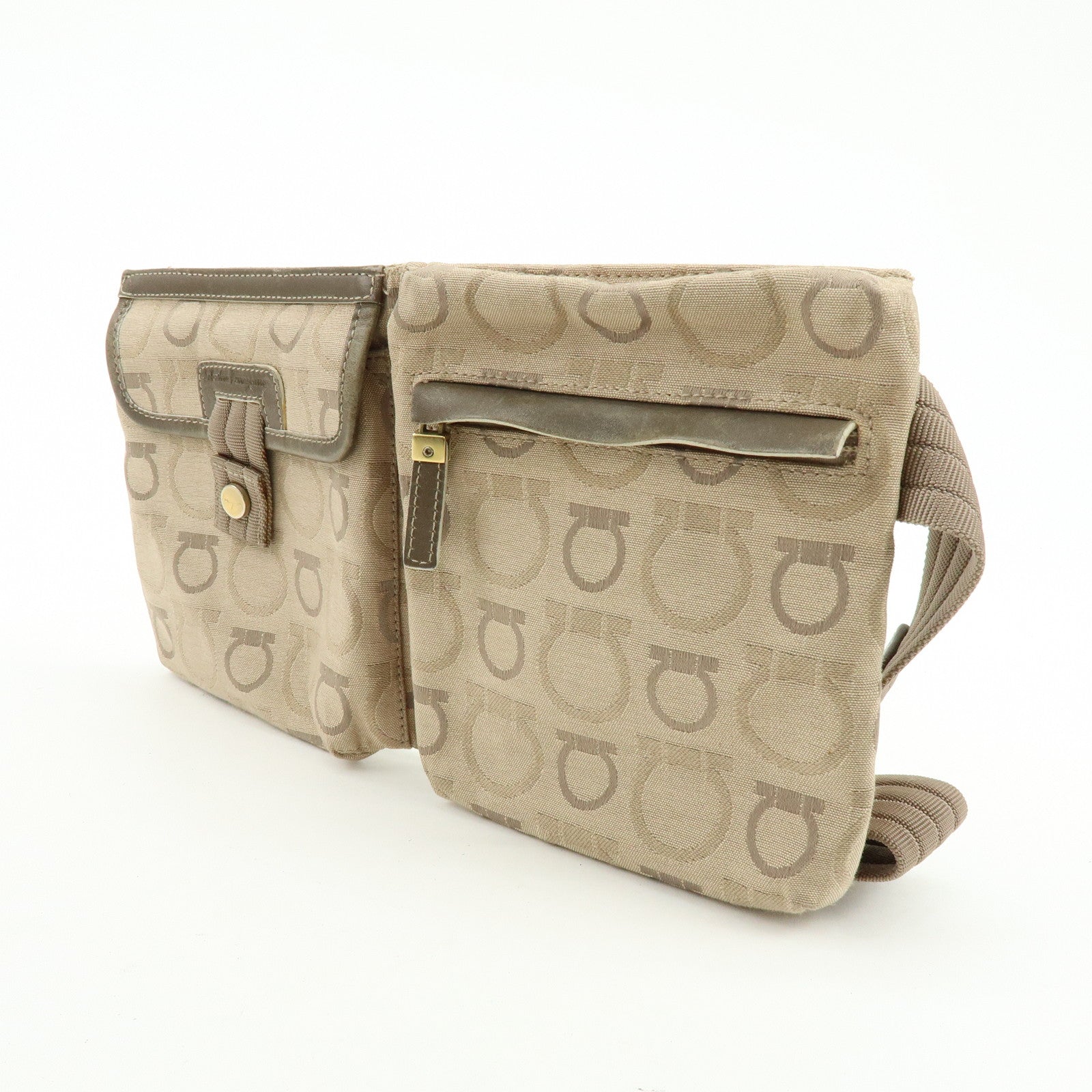 Ferragamo Gancini Canvas Leather Body Bag Waist Bag Beige