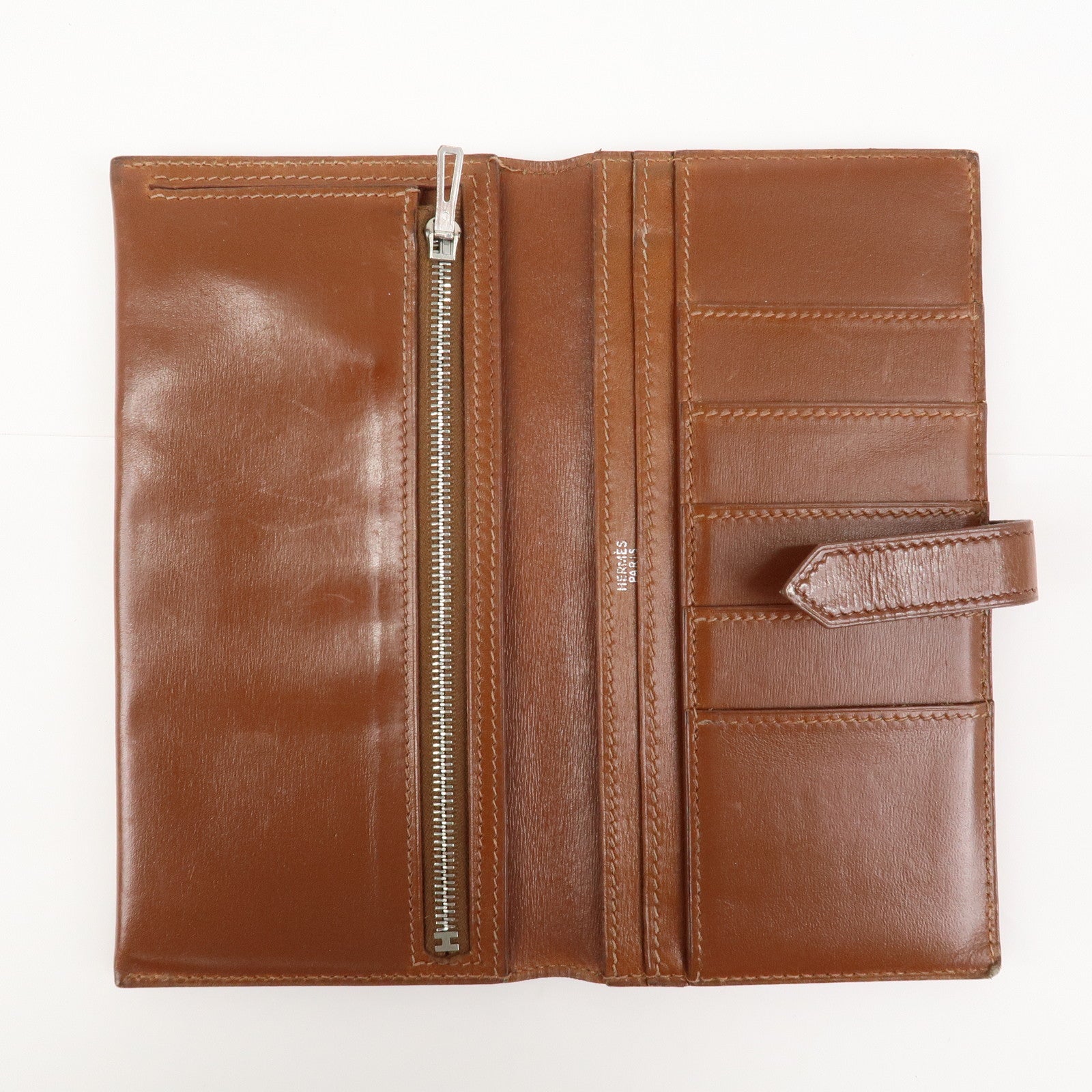 HERMES Bearn Leather Bi-fold Long Wallet F Stamped Brown