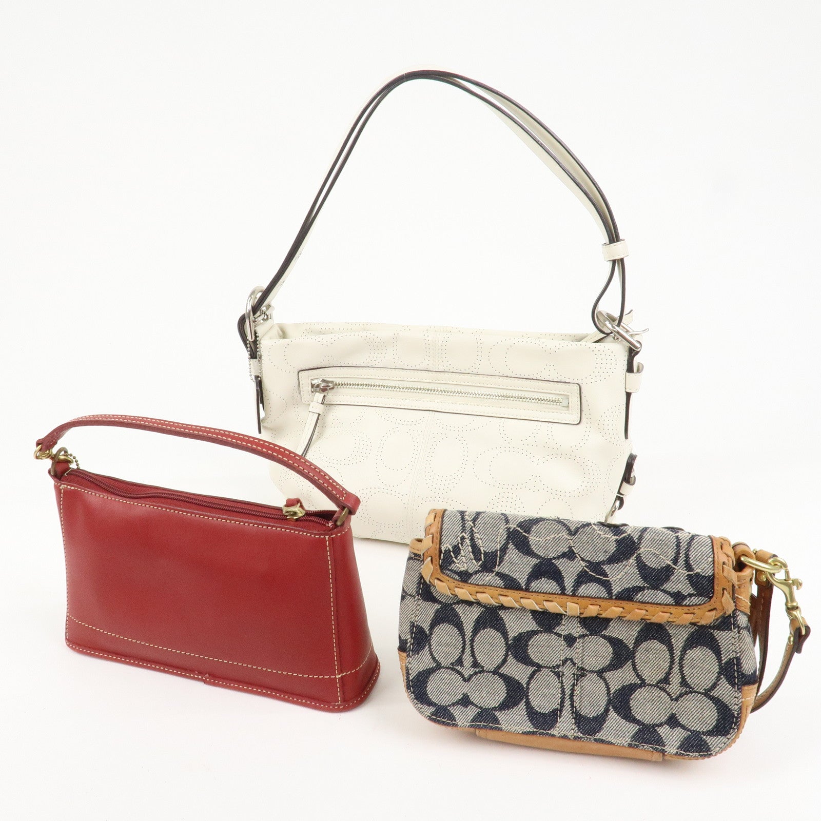 COACH Set Of 3 Leather Canvas Hand Bag Shoulder bag Red Navy White