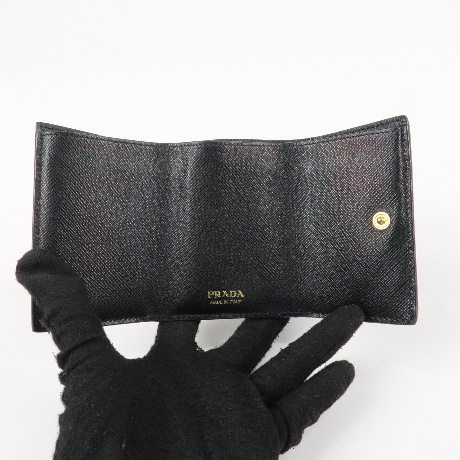 PRADA Saffiano Leather Tri-fold Wallet Black Gold Hardware 1MH021 Used