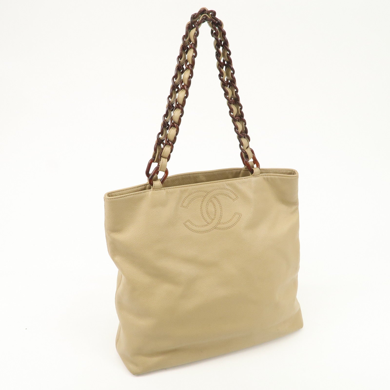 CHANEL COCO Mark Leather Chain Shoulder Bag Hand Bag Beige Used