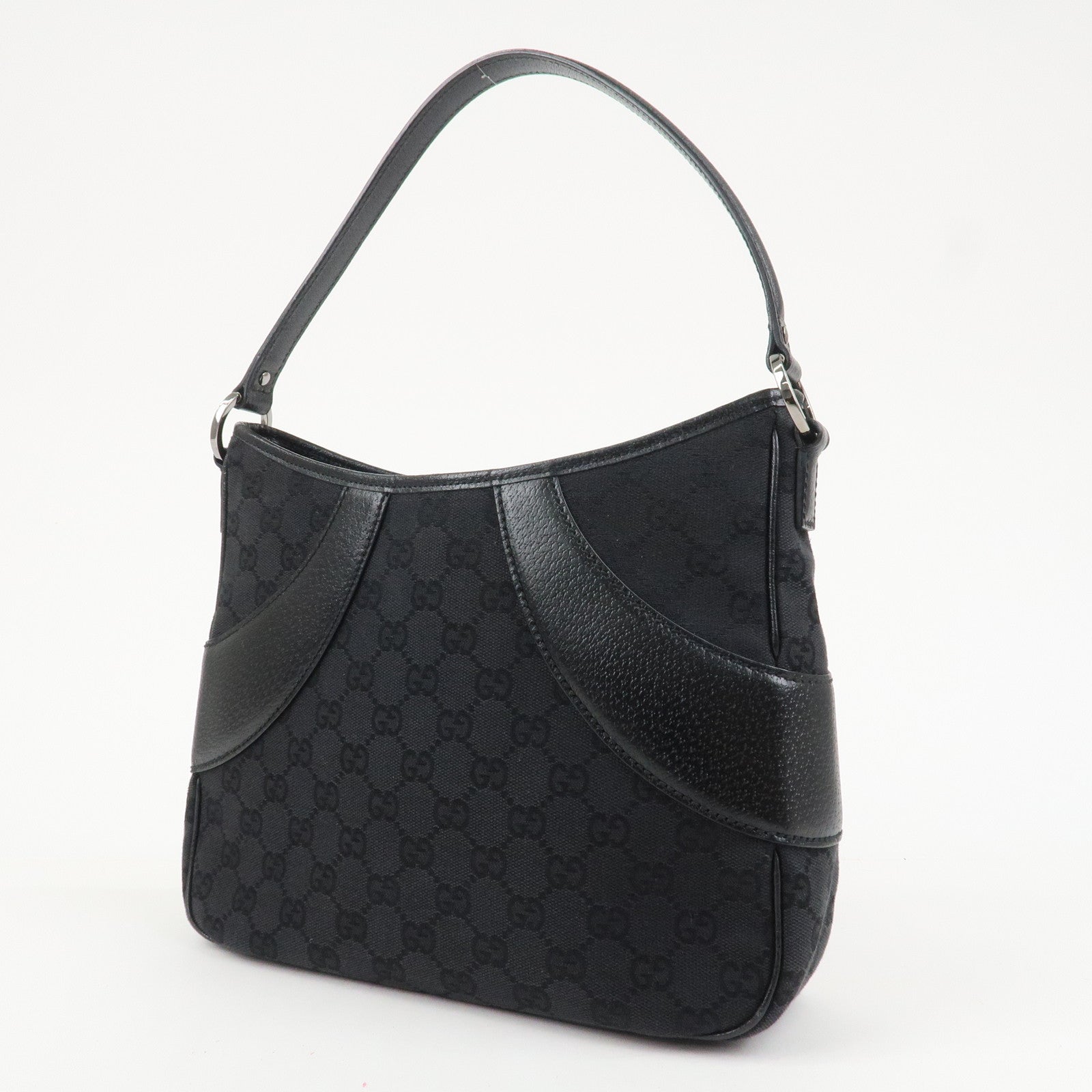 GUCCI Logo GG Canvas Leather Shoulder Bag Hand Bag Black 113012