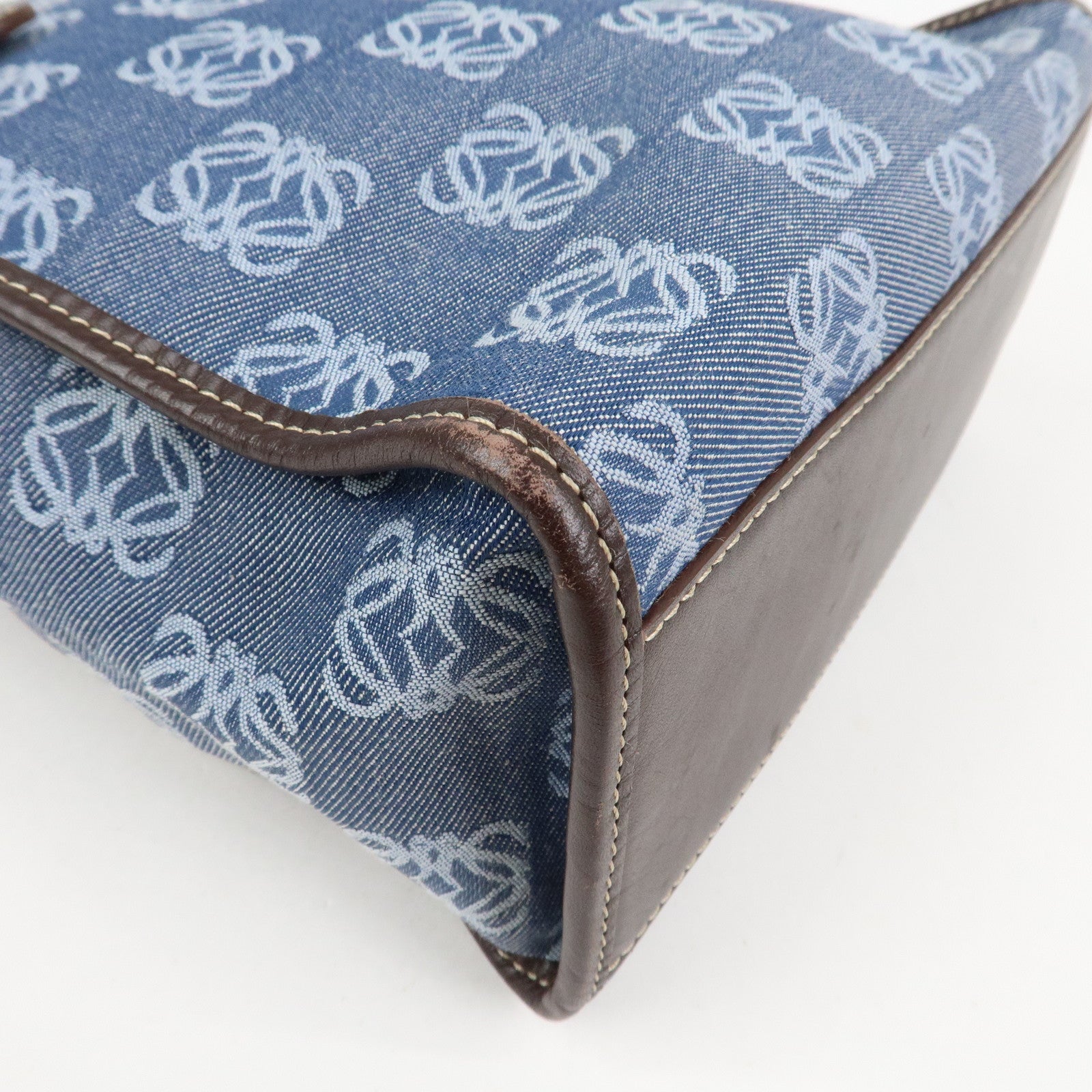 LOEWE Repeat Anagram Canvas Leather Tote Bag Hand Bag Blue Brown