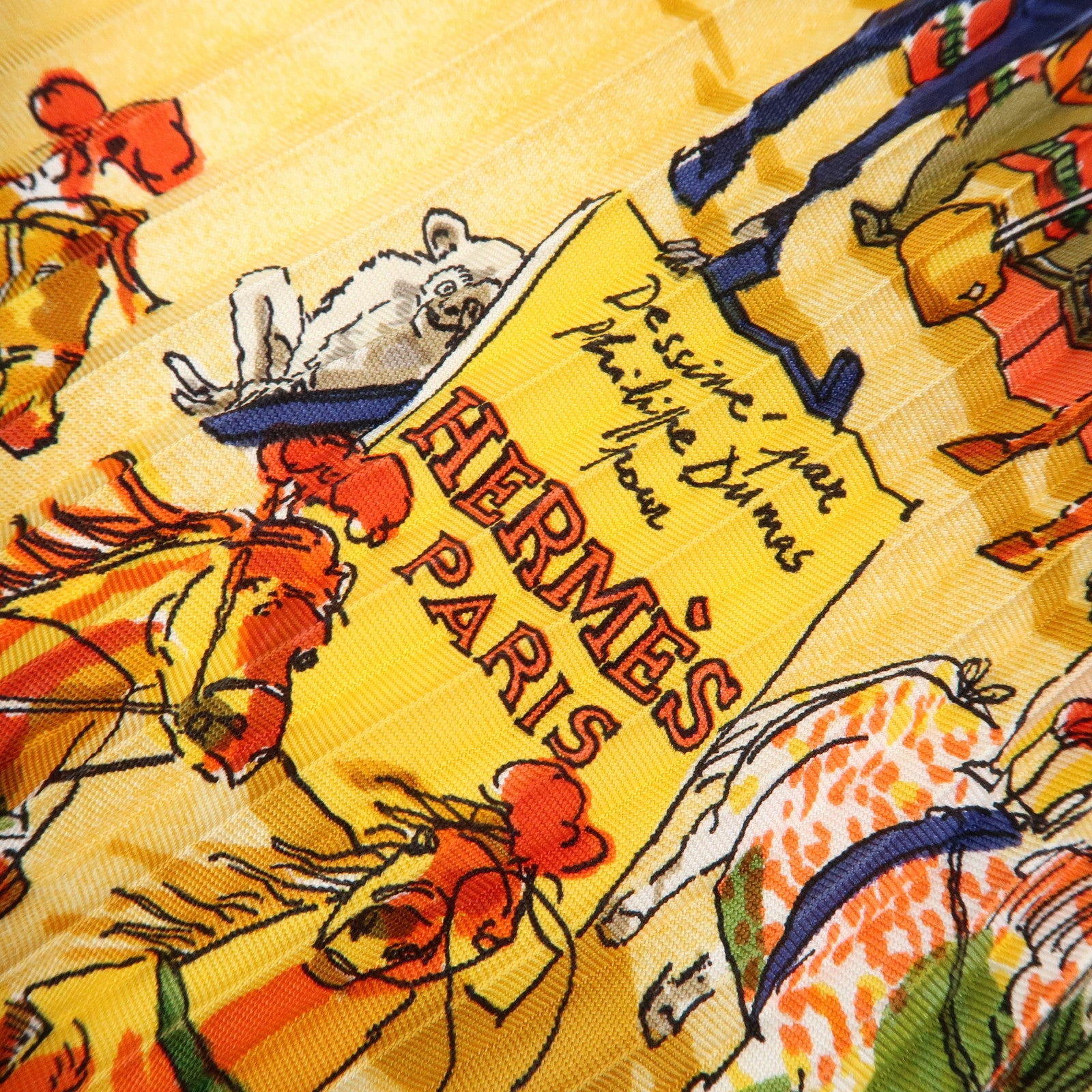 HERMES Pleated Carre 90 Silk 100% Scarf CIRQUE MOLIER Orange