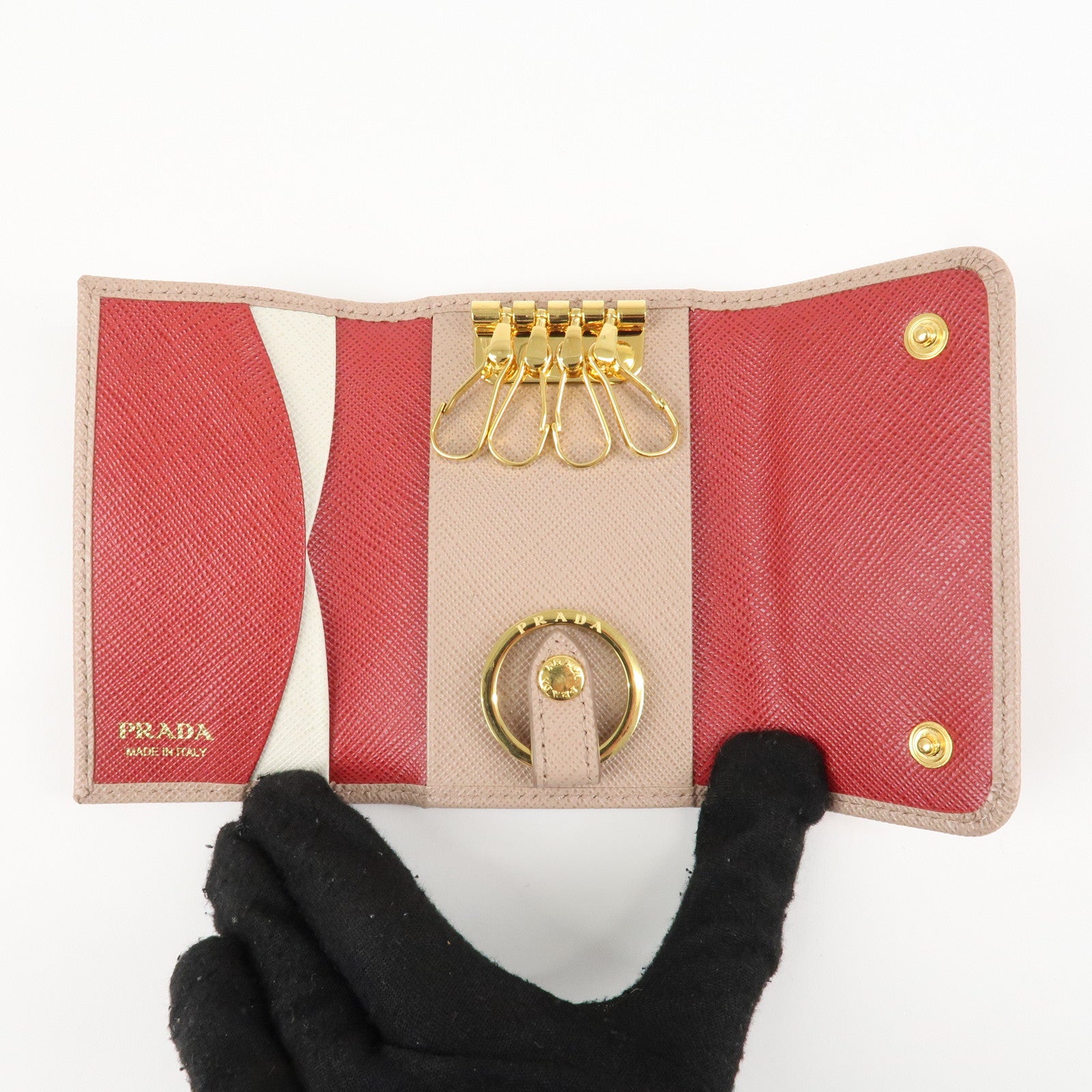 PRADA Logo Leather 4 Rings Key Case Key Holder Beige 1PG004 Used