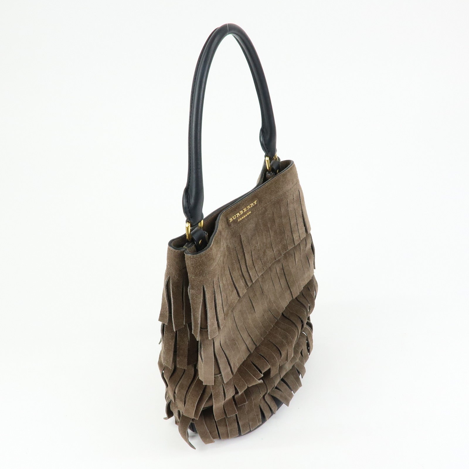 BURBERRY PROSUM Fringe Suede Leather Tote Bag Hand Bag Brown Black