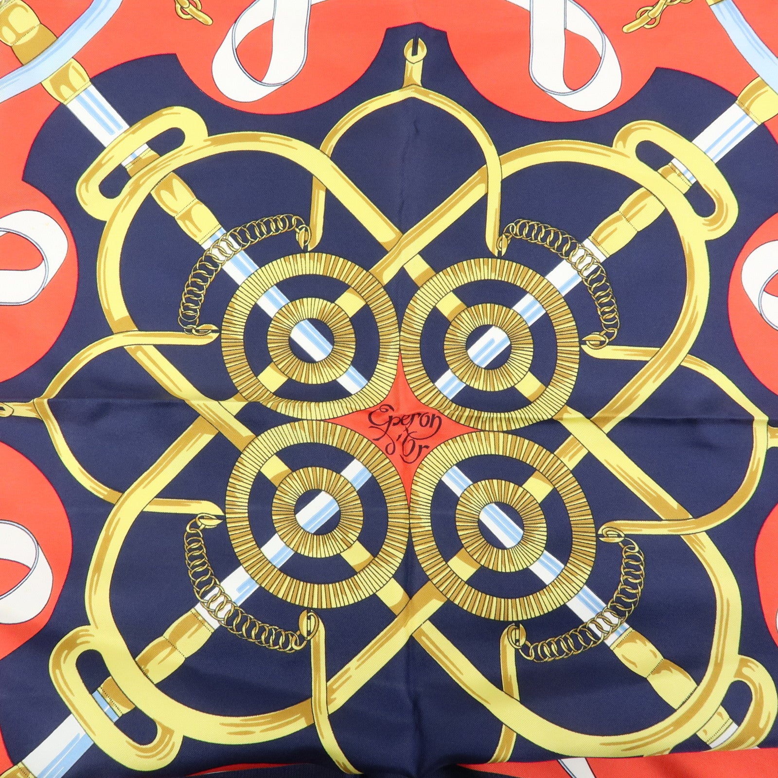 HERMES Carre 90 Silk 100% Scarf Eperon d'or Navy White Yellow Red
