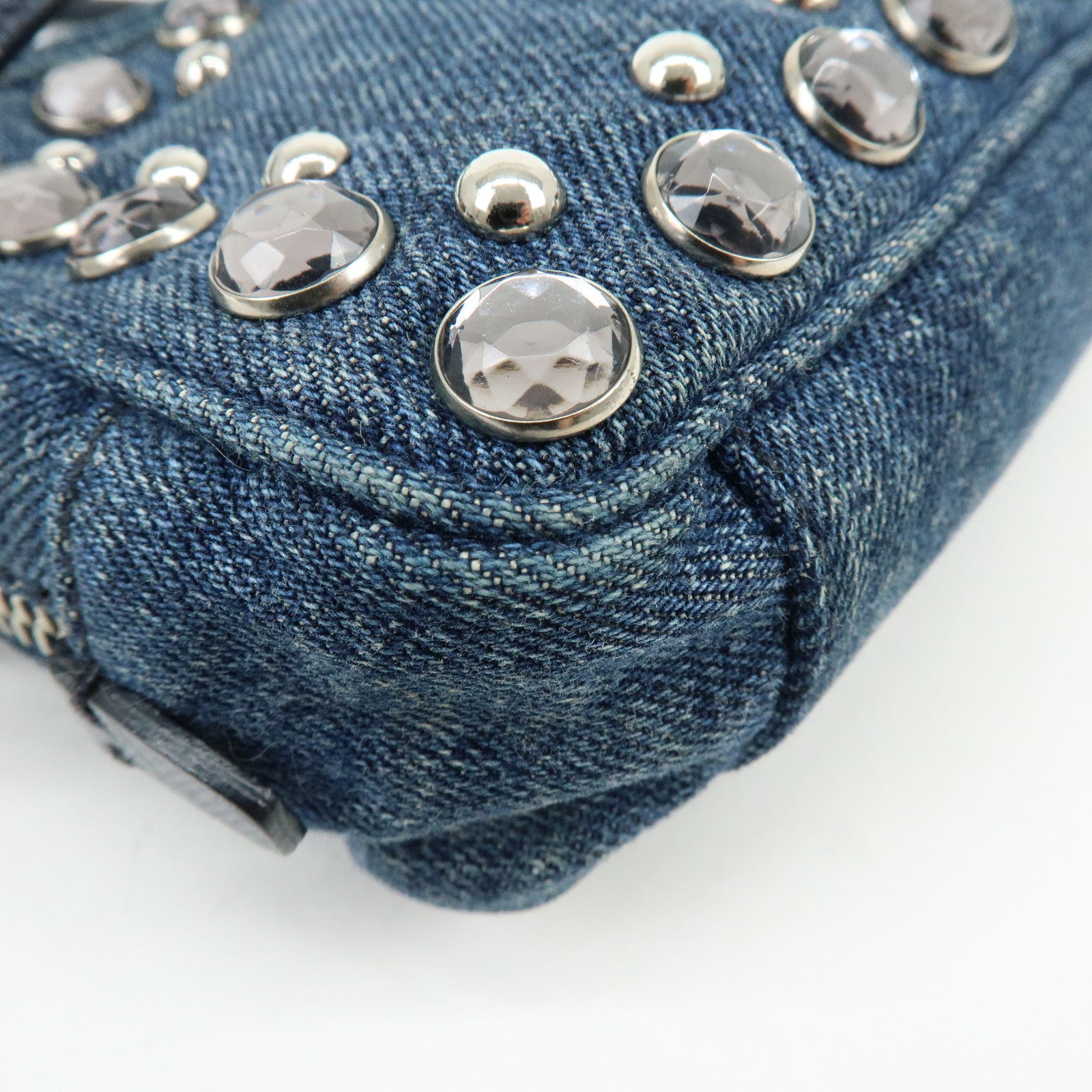 PRADA Logo Denim Shoulder Bag Crossbody Bag Rhinestone Blue