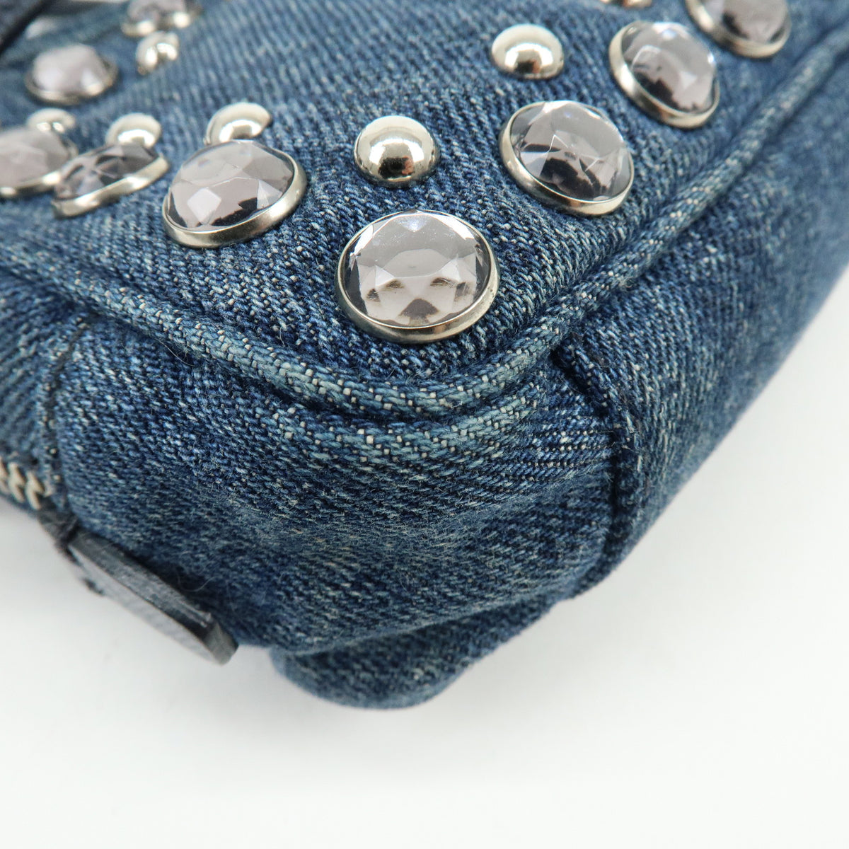 PRADA Logo Denim Shoulder Bag Crossbody Bag Rhinestone Blue