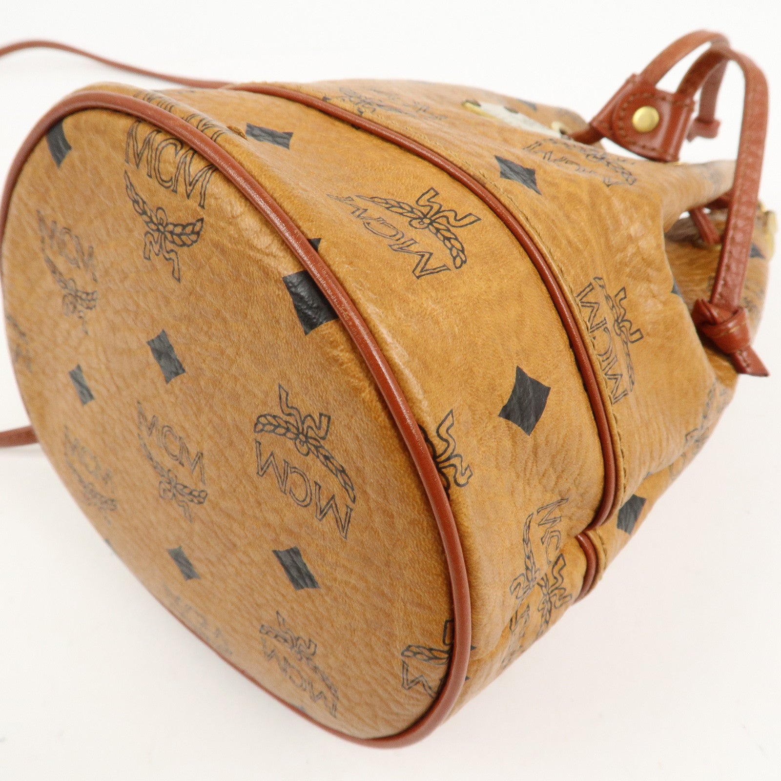 MCM Visetos Leather Drawstring Shoulder Bag Brown