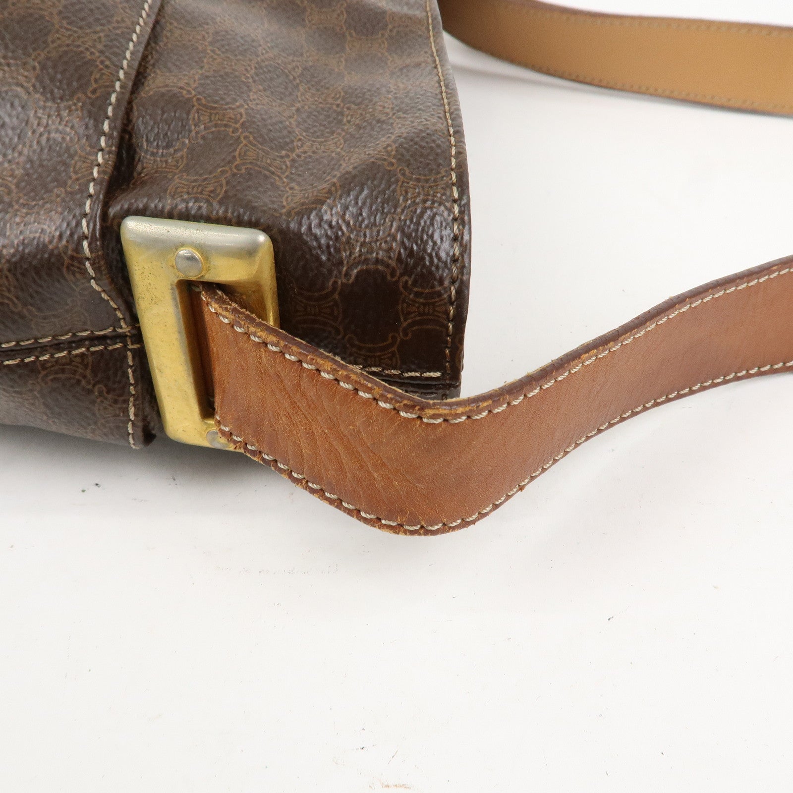 CELINE Macadam PVC Canvas Leather Shoulder Bag Brown Gold Hardware