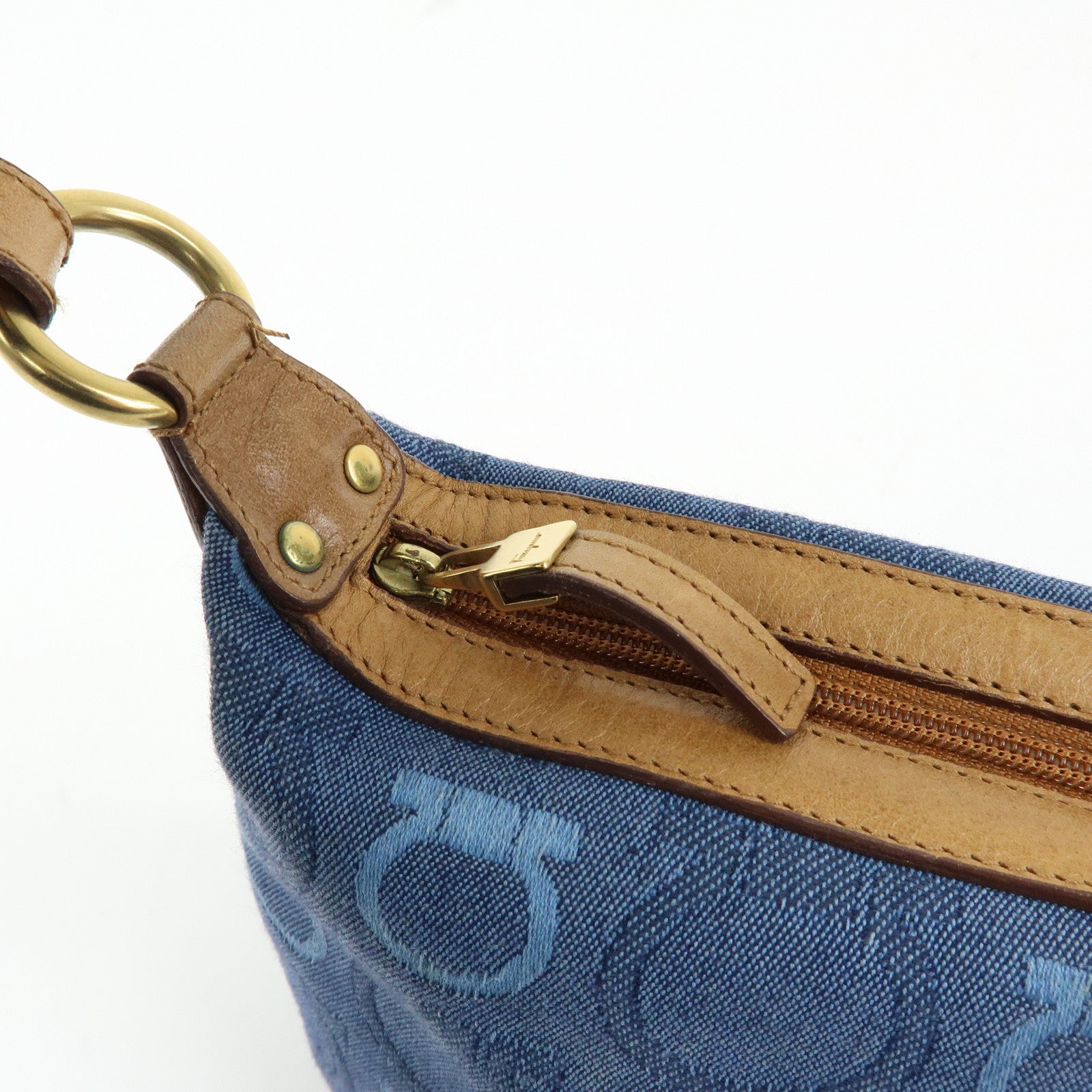 Ferragamo Gancini Canvas Leather Hand Bag Shoulder Bag Blue