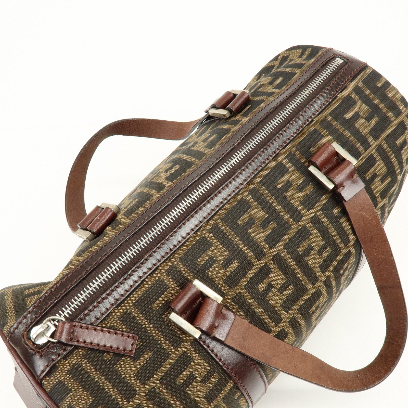 FENDI Zucca Canvas Leather Boston Bag Hand Bag Brown 16327