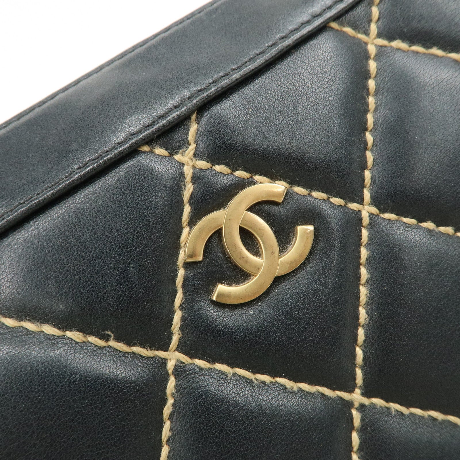 CHANEL COCO Mark Wild Stich Lamb Skin Chain Shoulder Bag Black Used
