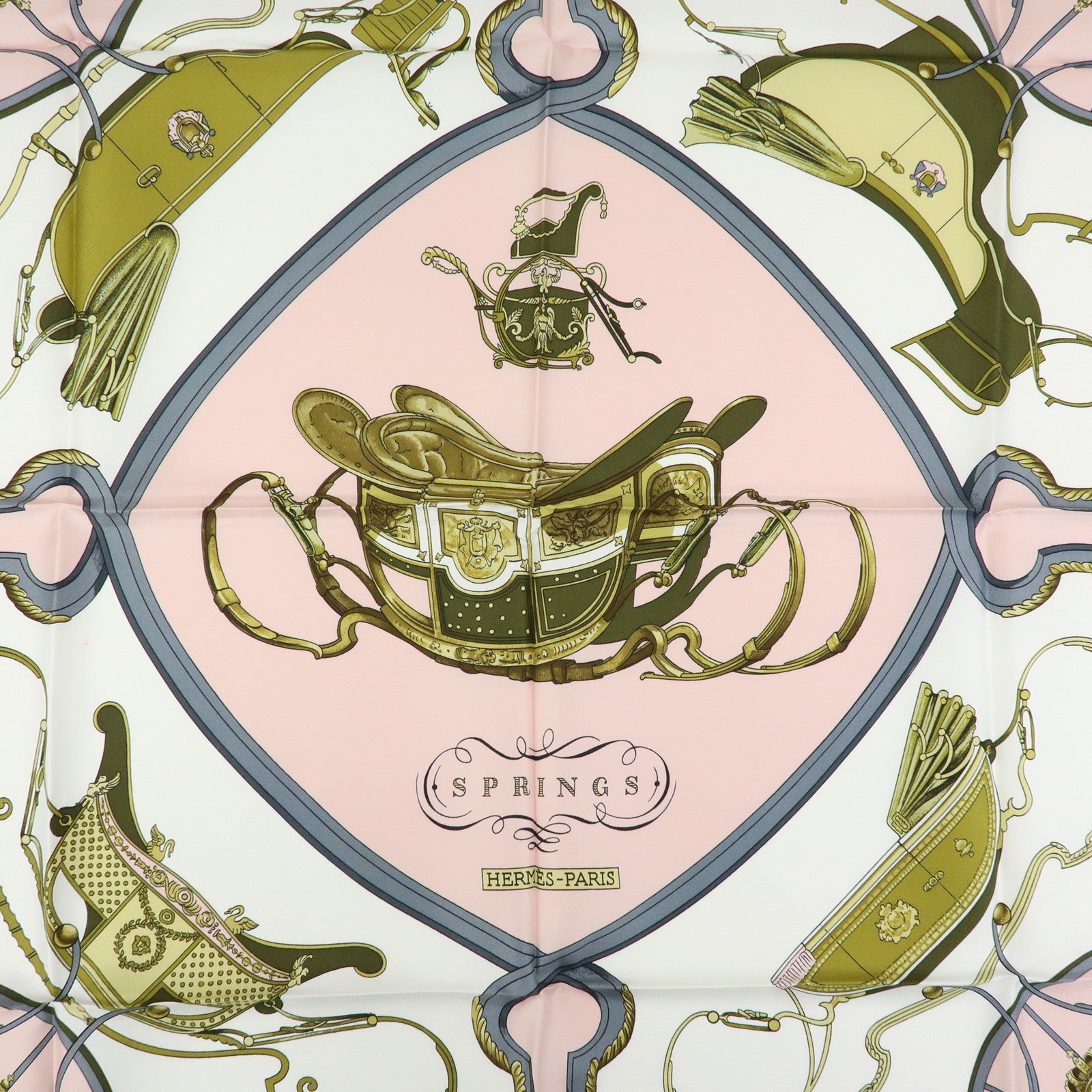 HERMES Carre 90 Silk 100% Scarf SPRINGS Light Pink Gold Grey