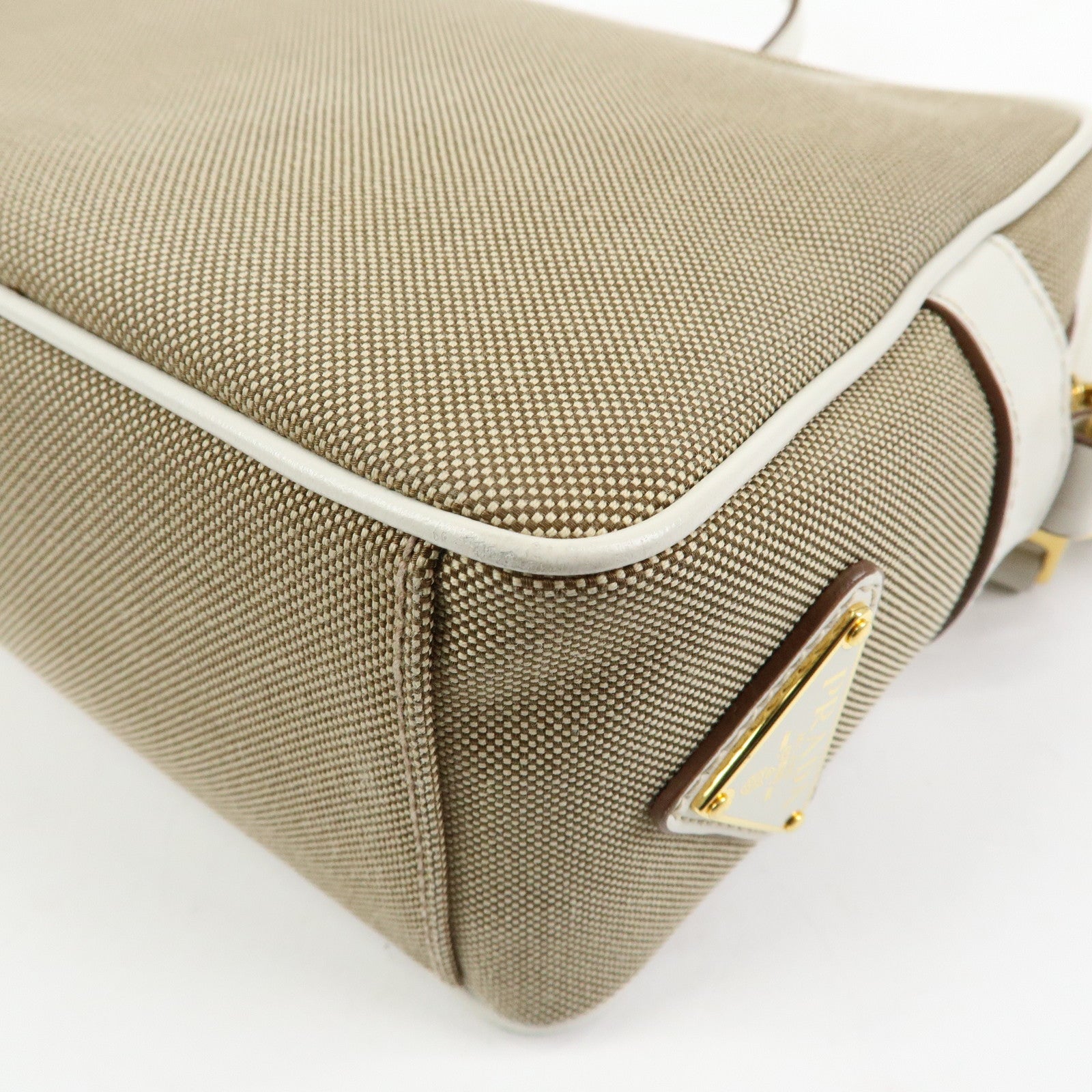 PRADA Logo Jacquard Leather Shoulder Bag Beige White 1BH089