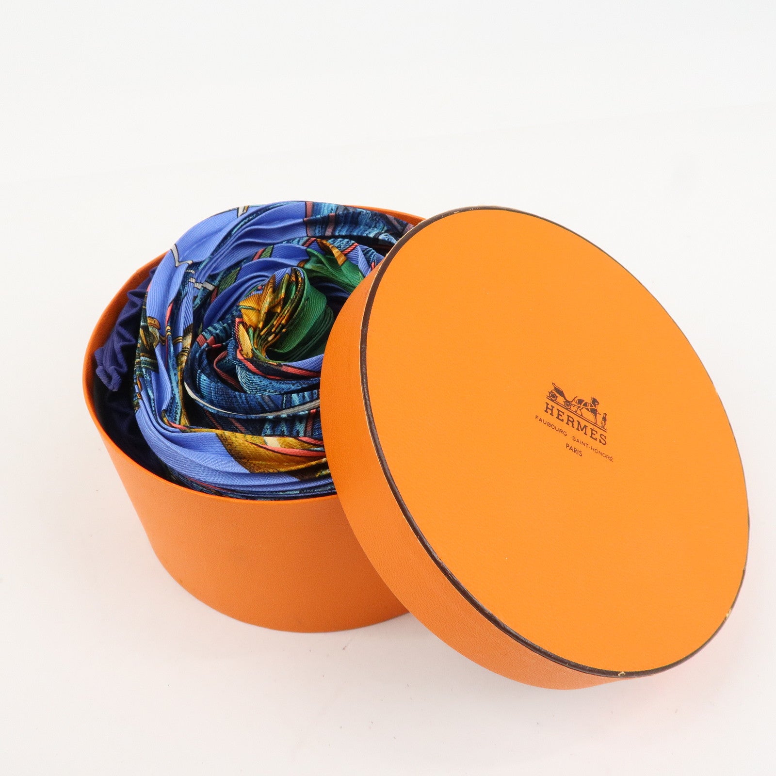 HERMES Carre Silk 100% Pleats Scarf Jardin Creole Blue Green Navy Used