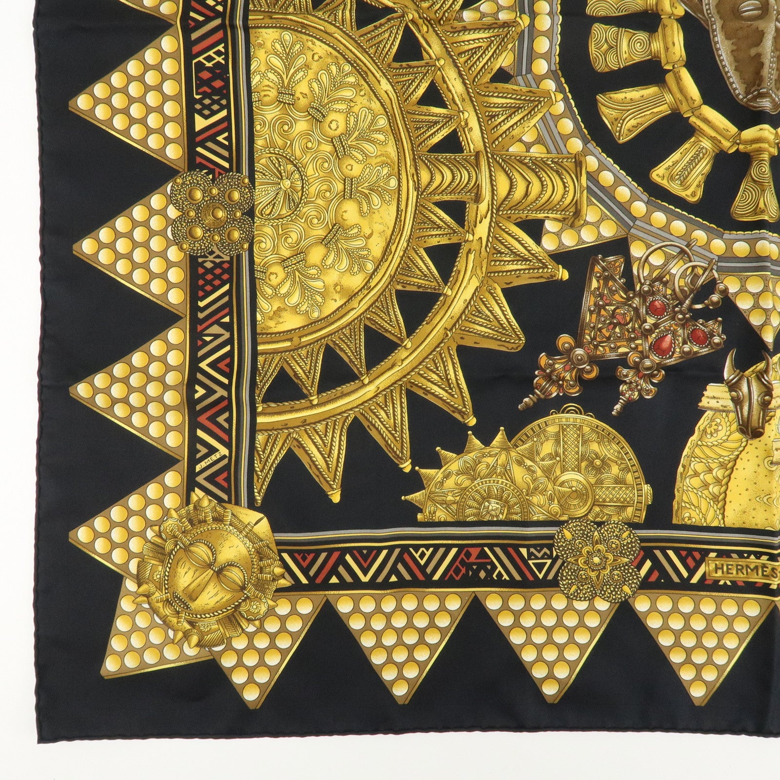HERMES Carre 90 Silk 100% Scarf L'OR DES CHEFS Black Yellow Used