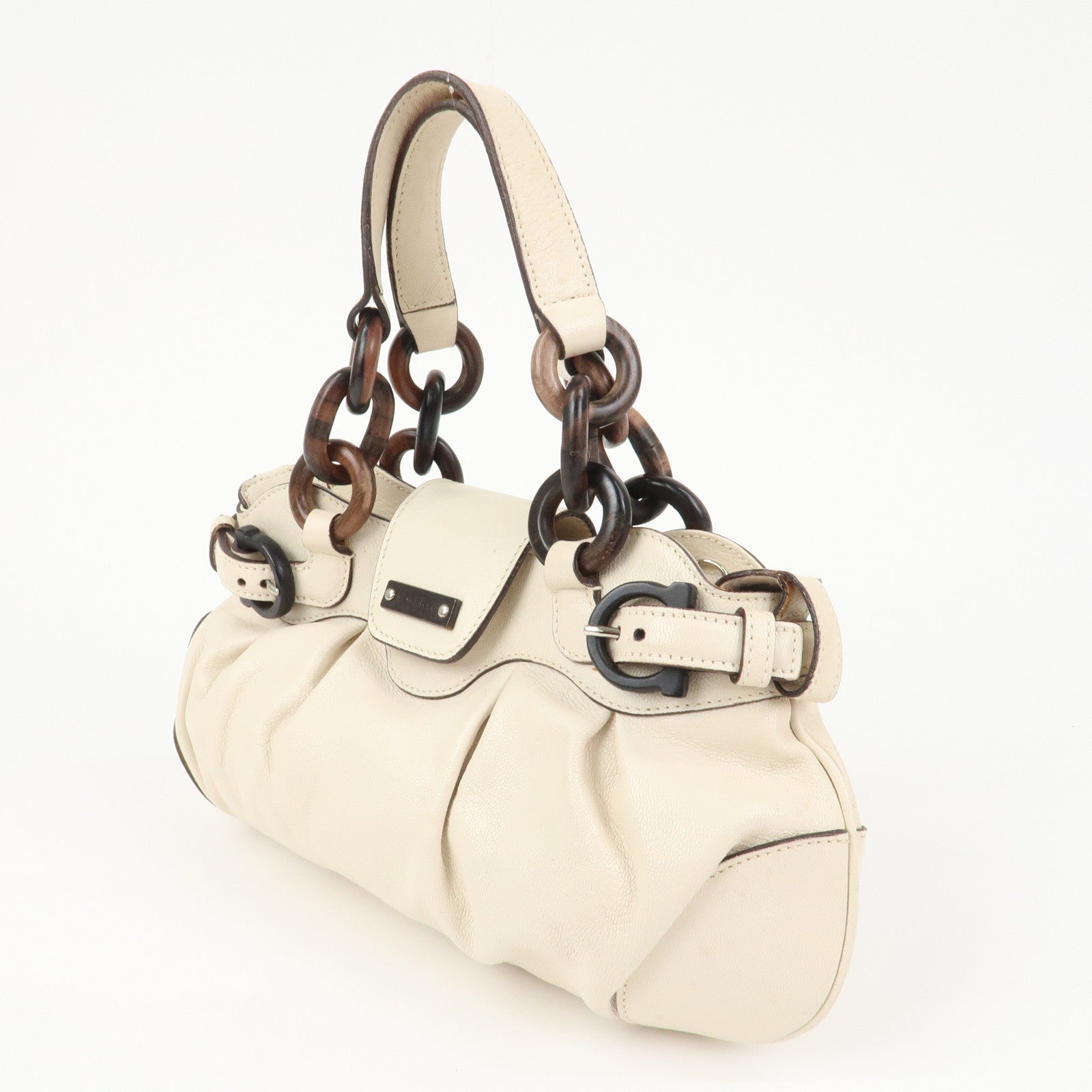 Ferragamo Leather 2 Way Bag Hand Bag Shoulder Bag Ivory