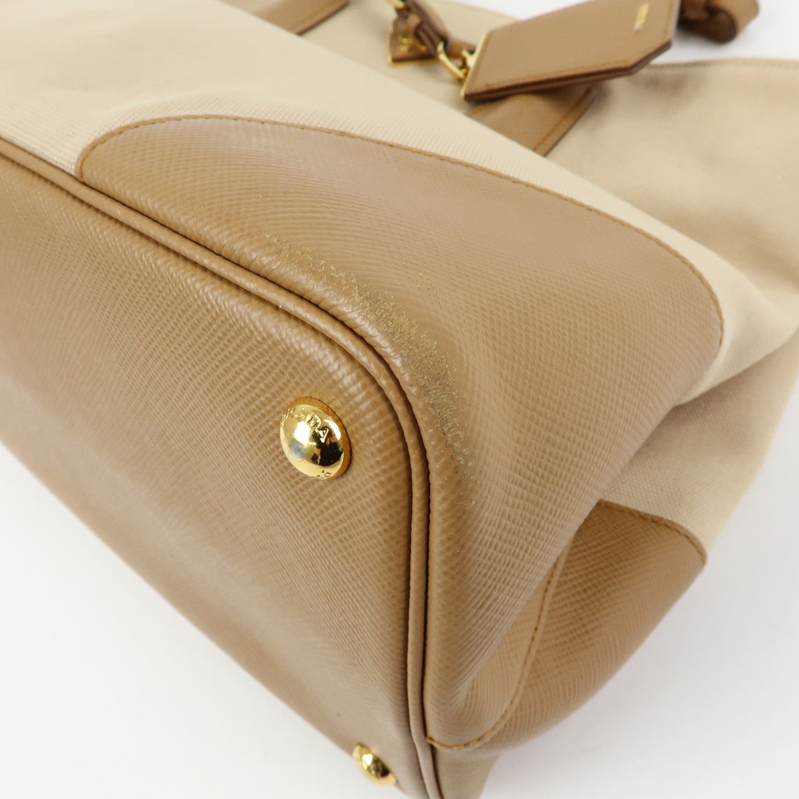 PRADA Triangle Logo Canvas Leather Tote Bag Beige Brown B2756T