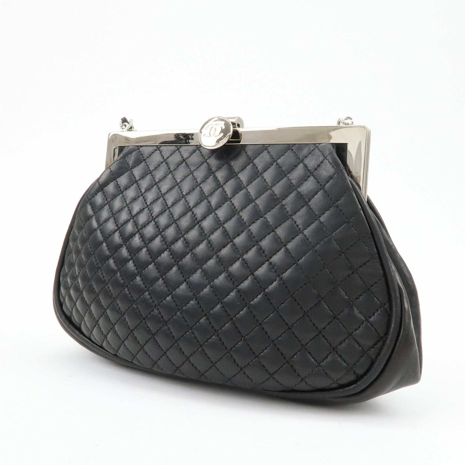 CHANEL Matelasse Lamb Skin Chain Kiss Lock Shoulder Bag Black