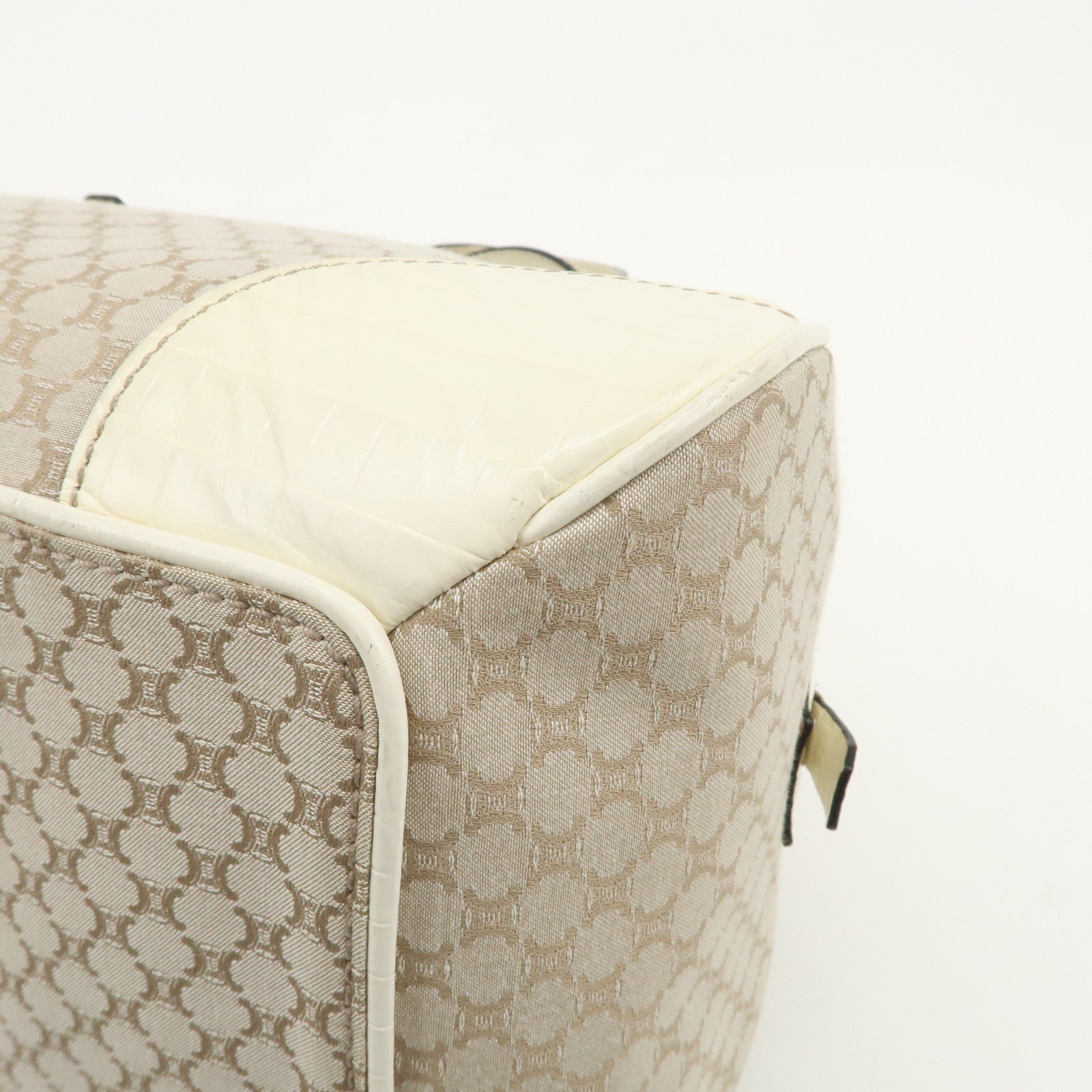 CELINE Macadam Canvas Leather Boston Bag Hand Bag Beige Ivory