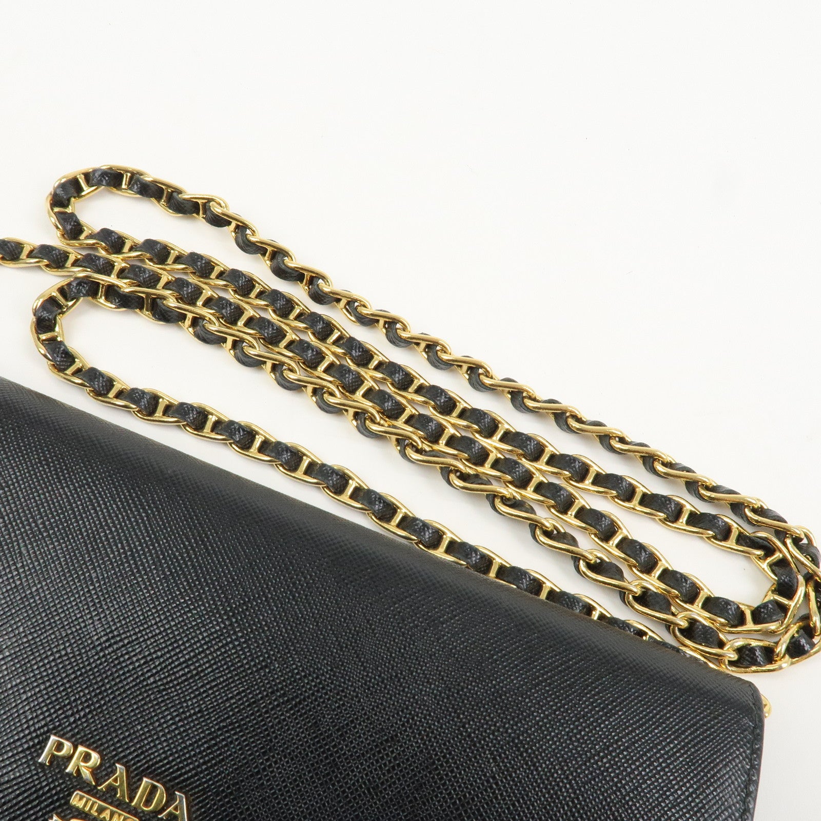 PRADA Logo Leather Chain Wallet WOC Shoulder Wallet Black 1MT290