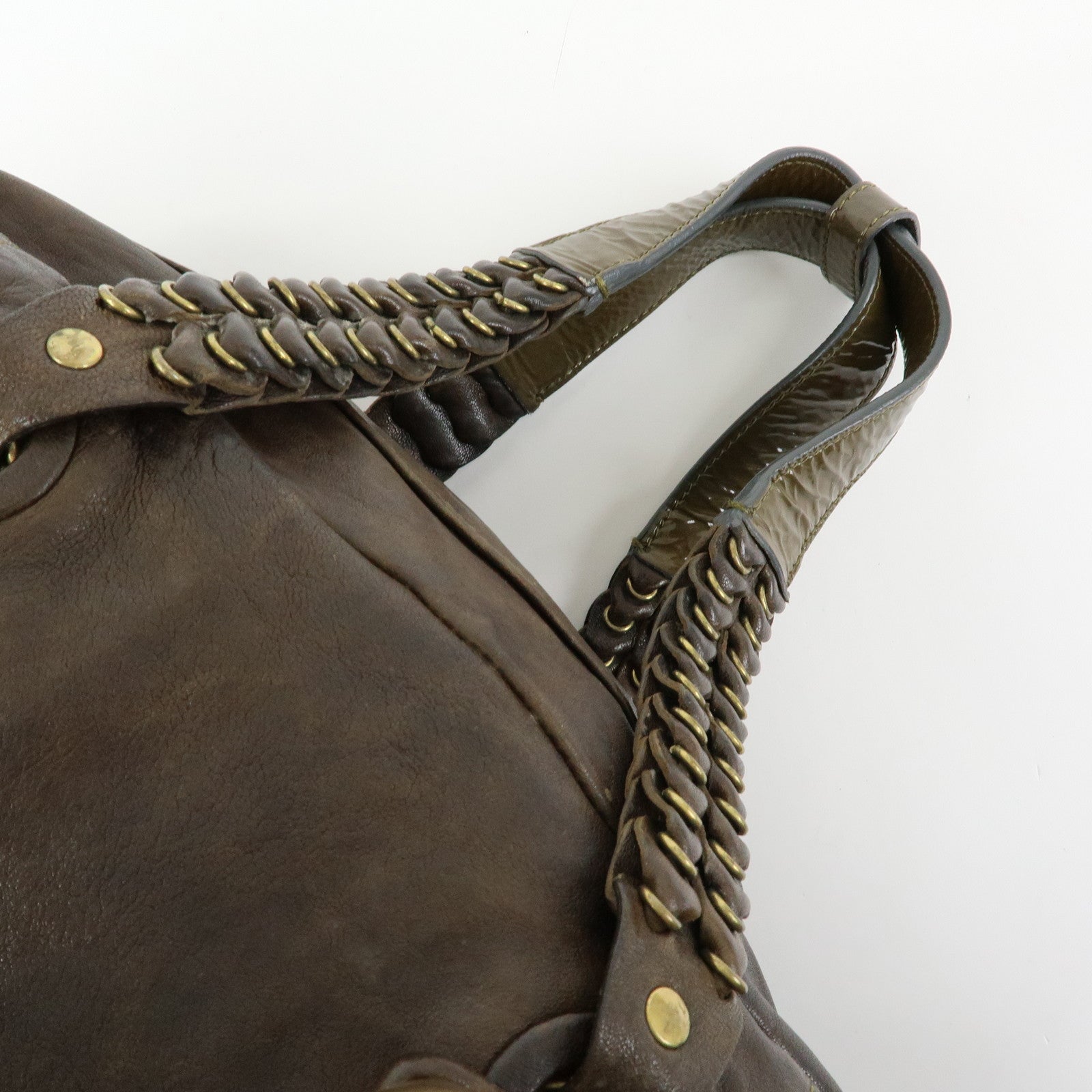 Chloe Leather Patent Leather Boston Bag Shoulder Bag Dark Brown