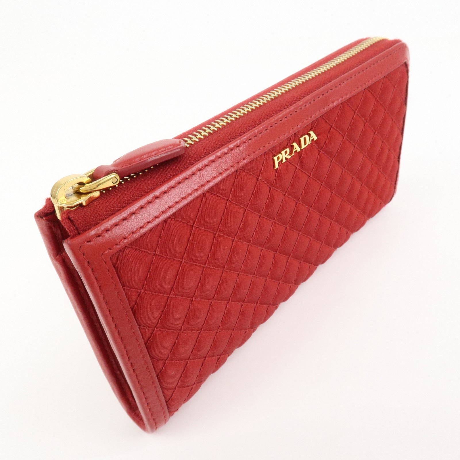 PRADA Nylon Leather L Fastener Zippy Long Wallet Red 1ML183