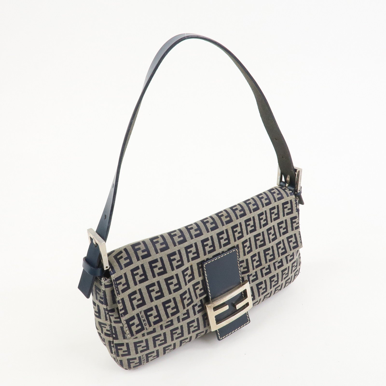 FENDI Mamma Baguette Zucchino Canvas Shoulder Bag Navy 26424