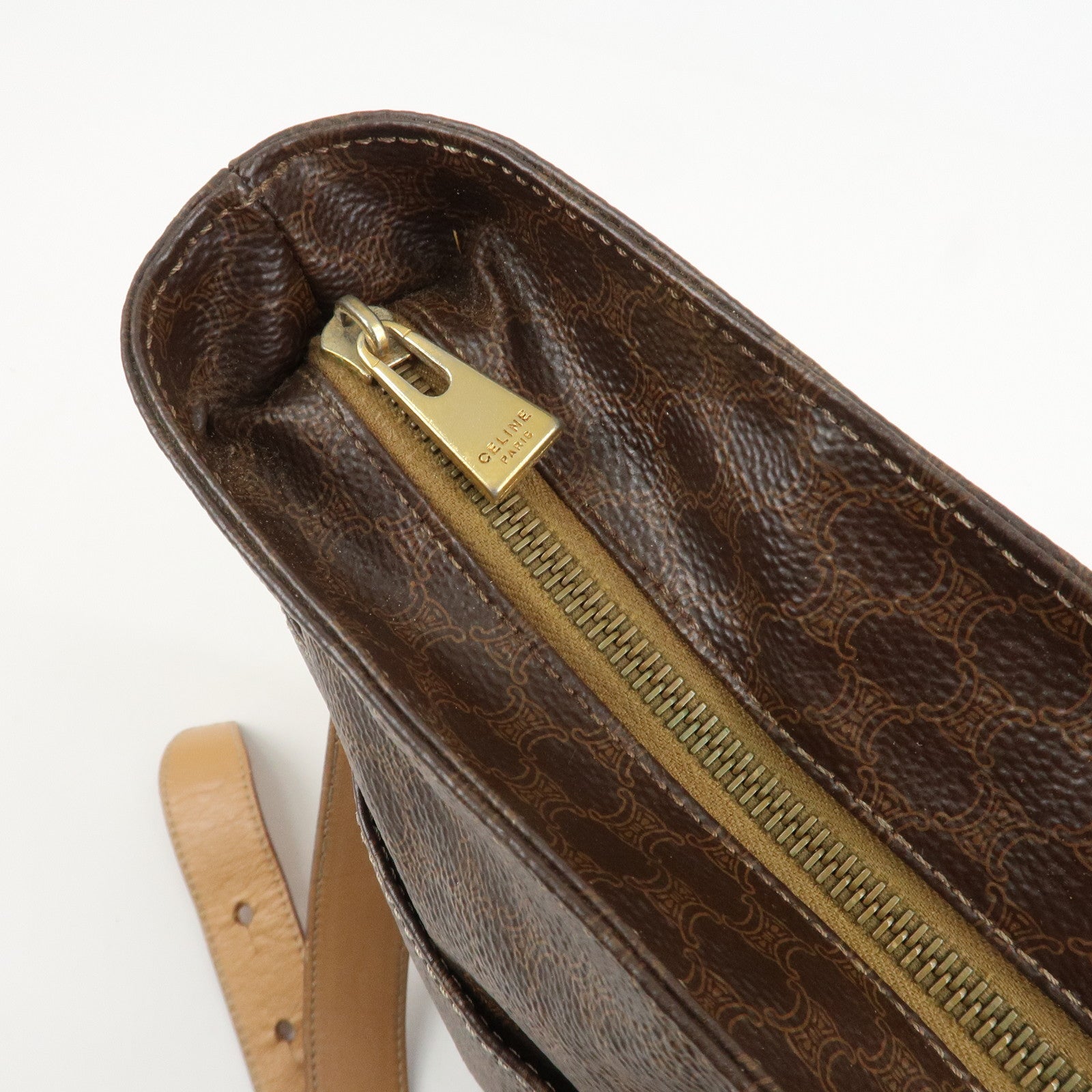 CELINE Macadam PVC Canvas Leather Shoulder Bag Brown Gold Hardware