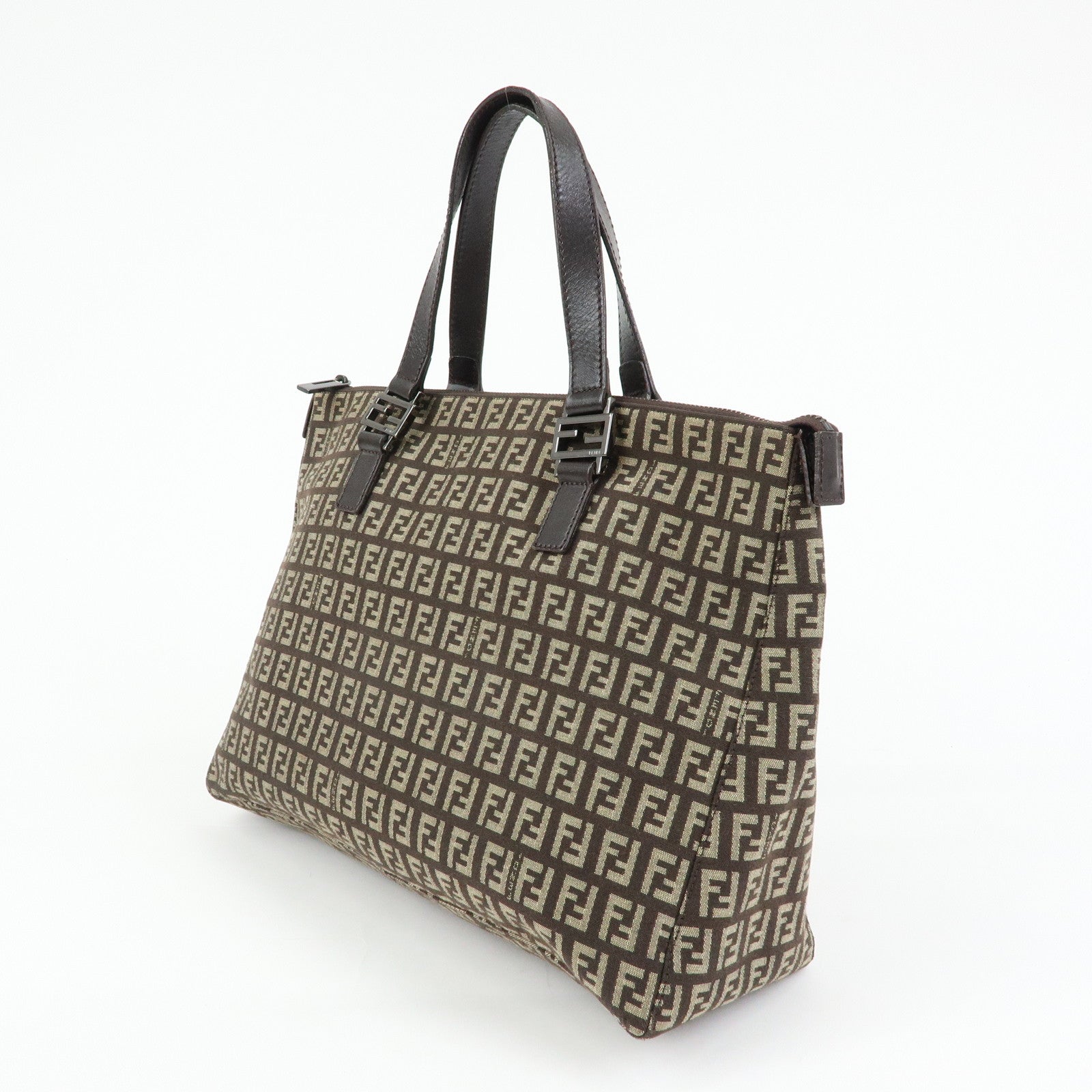 FENDI Zucchino Canvas Leather Tote Bag Hand Bag Brown 8BH138
