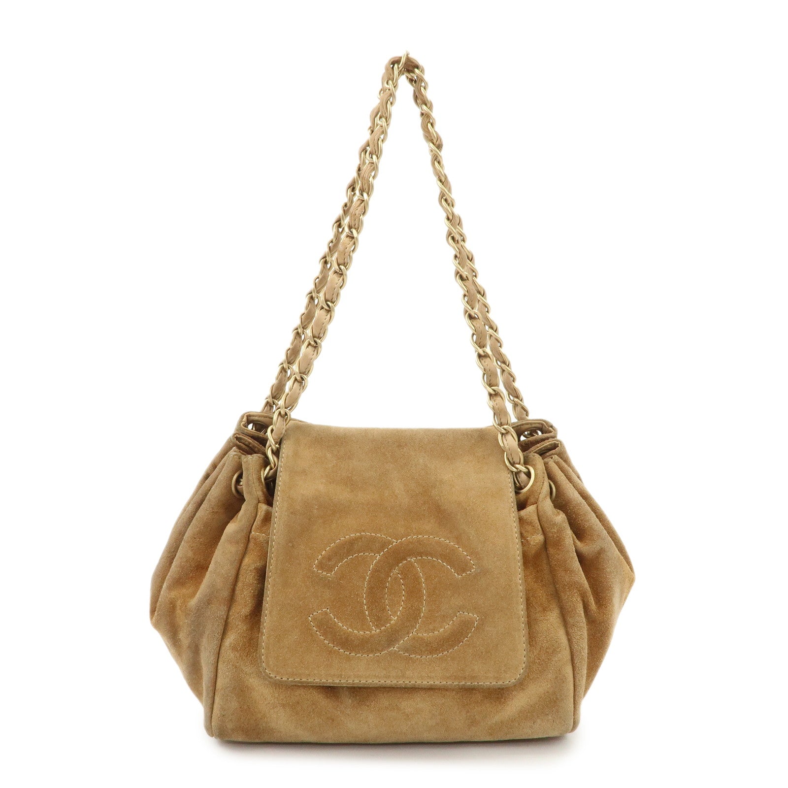 CHANEL COCO Mark Leather Suede Chain Shoulder Bag Beige Gold Used