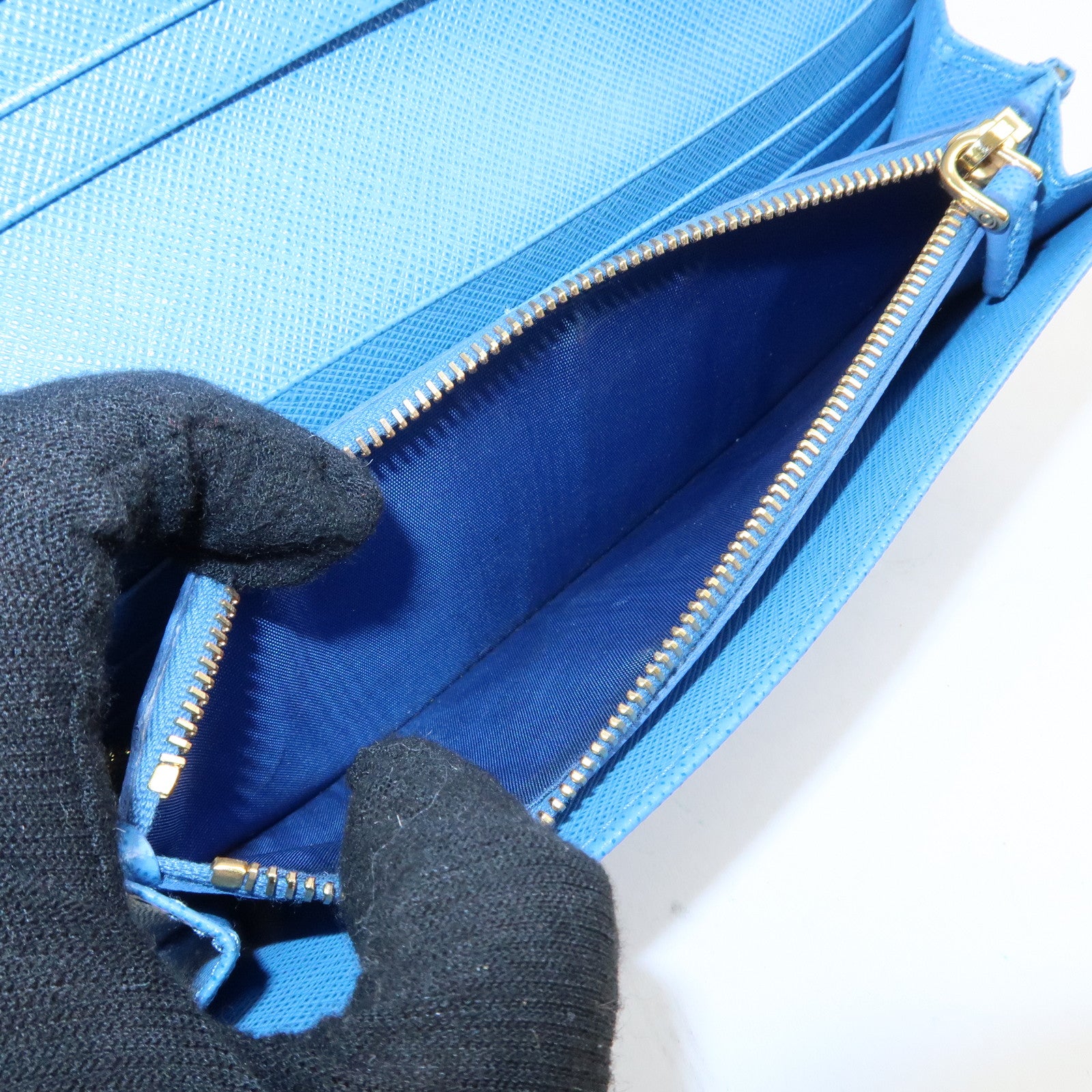 PRADA Saffiano Leather Bi-Fold Long Wallet Blue Gold HDW 1MH132 Used