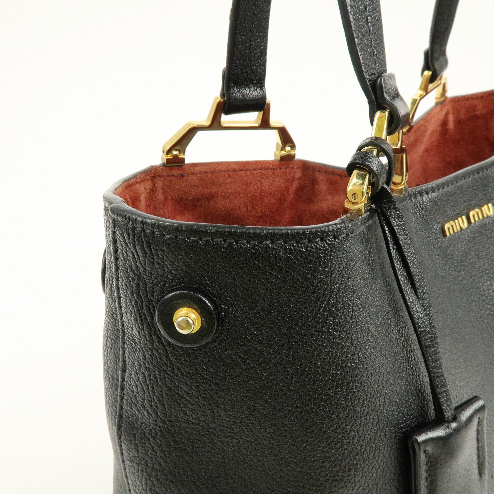 MIU MIU Logo Leather Tote Bag Hand Bag Black Gold 5BG025