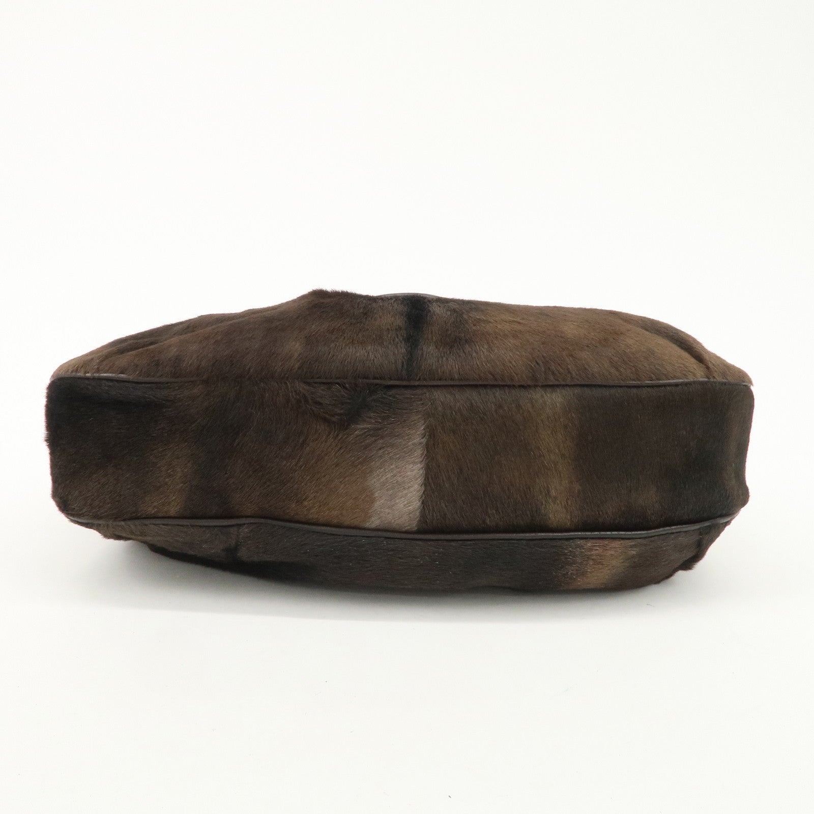 Ferragamo Gancini Unborn Calf Leather Hand Bag Dark Brown Used